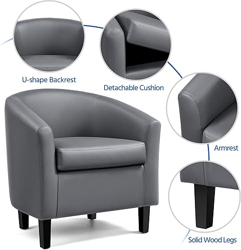 Miniatura 5 de Yaheetech Silla de barril de piel sintética, moderna silla de acento con patas resistentes de madera, silla de club de piel sintética, cómoda silla