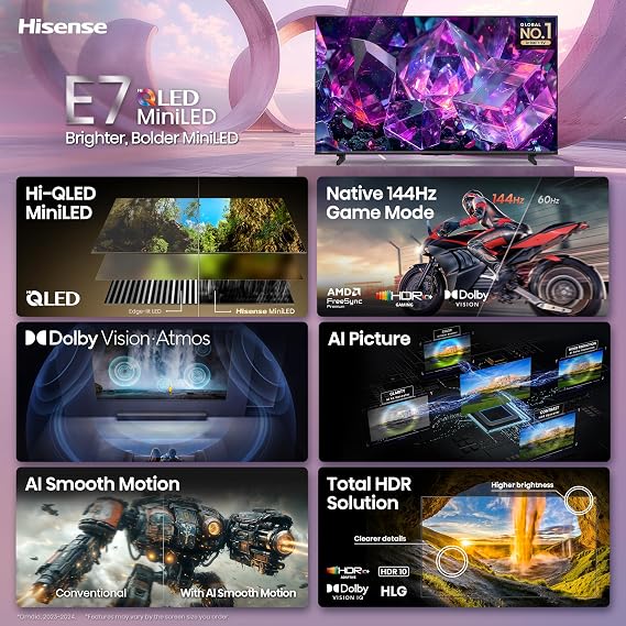 Hisense 50 E7 Cinema Series Hi-QLED Mini-LED 4K UHD Smart Fire TV (50E7SF, 2026 NEW) - Native 144Hz, AI Picture, Dolby Vision IQ Atmos, FALD, MEMC, HDR10+ Adaptive, Alexa+
