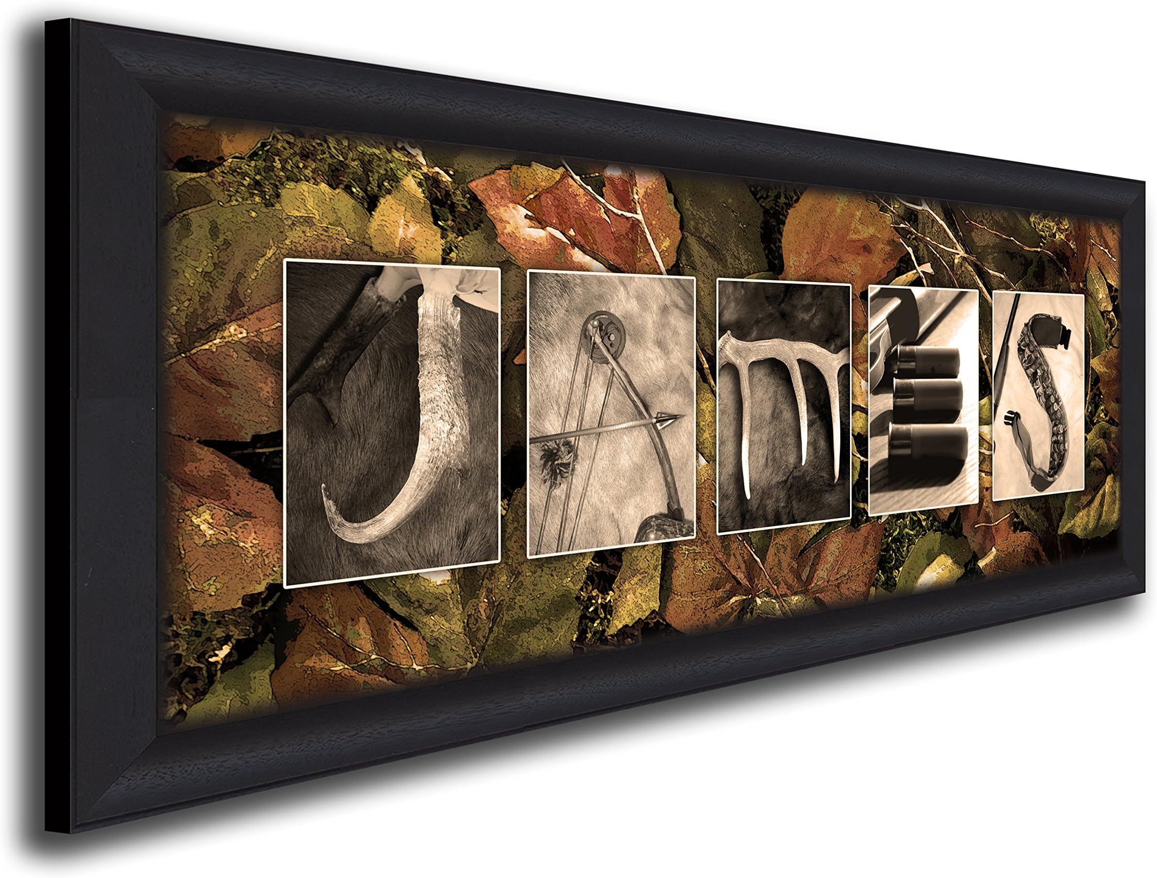 Personalized Hunting Name Art - Lodge, hunter, cabin, man cave, decor. (Framed Canvas - 13.5x32.5)