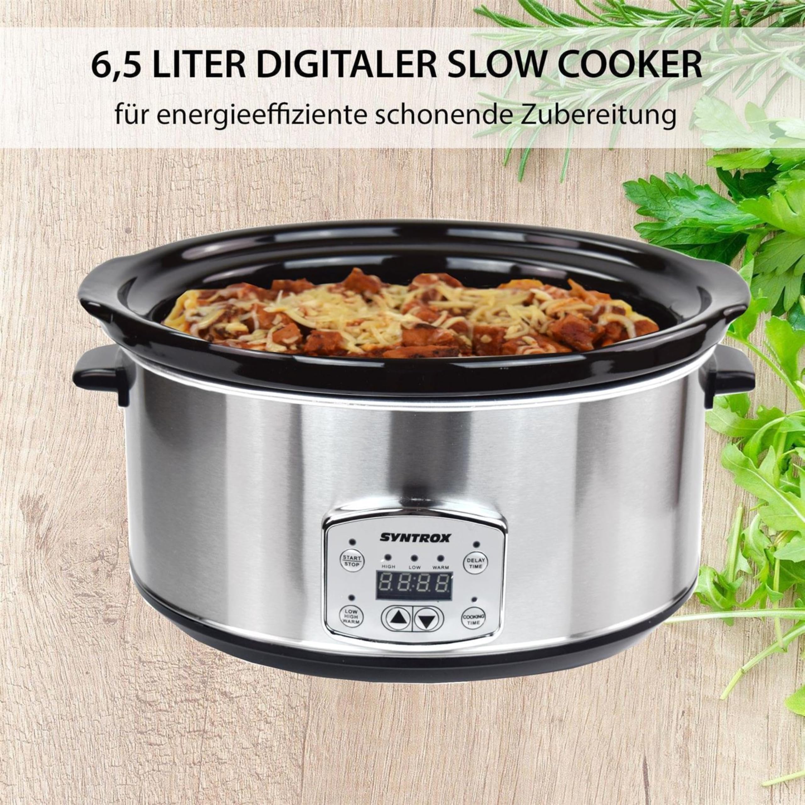Syntrox Germany 6,5 l Slow Cooker | Schmortopf | Schongarer | Multikocher Solier, Spülmaschinengeeignet, mit Glasdeckel, Küchengerät, 320 Watt, Gesunde Küche