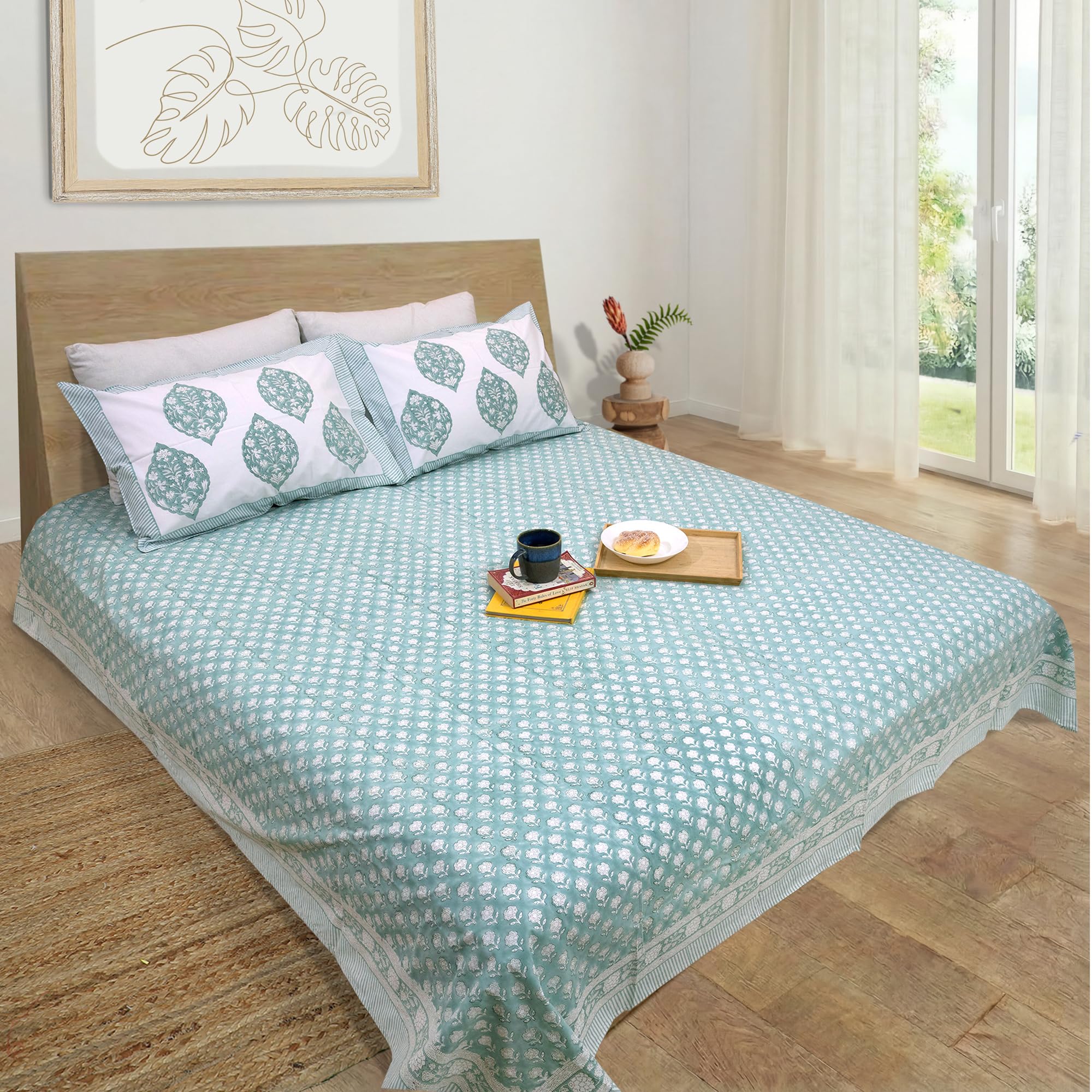 TOAI Hand Block Printed Bedsheet | Bed Spread Flatsheet BedSheet | Pure Cotton | King Size 108"x 90" | 300 TC Long Staple Cotton | 2 Reversible Pillow Covers |Cool Summer-image-42
