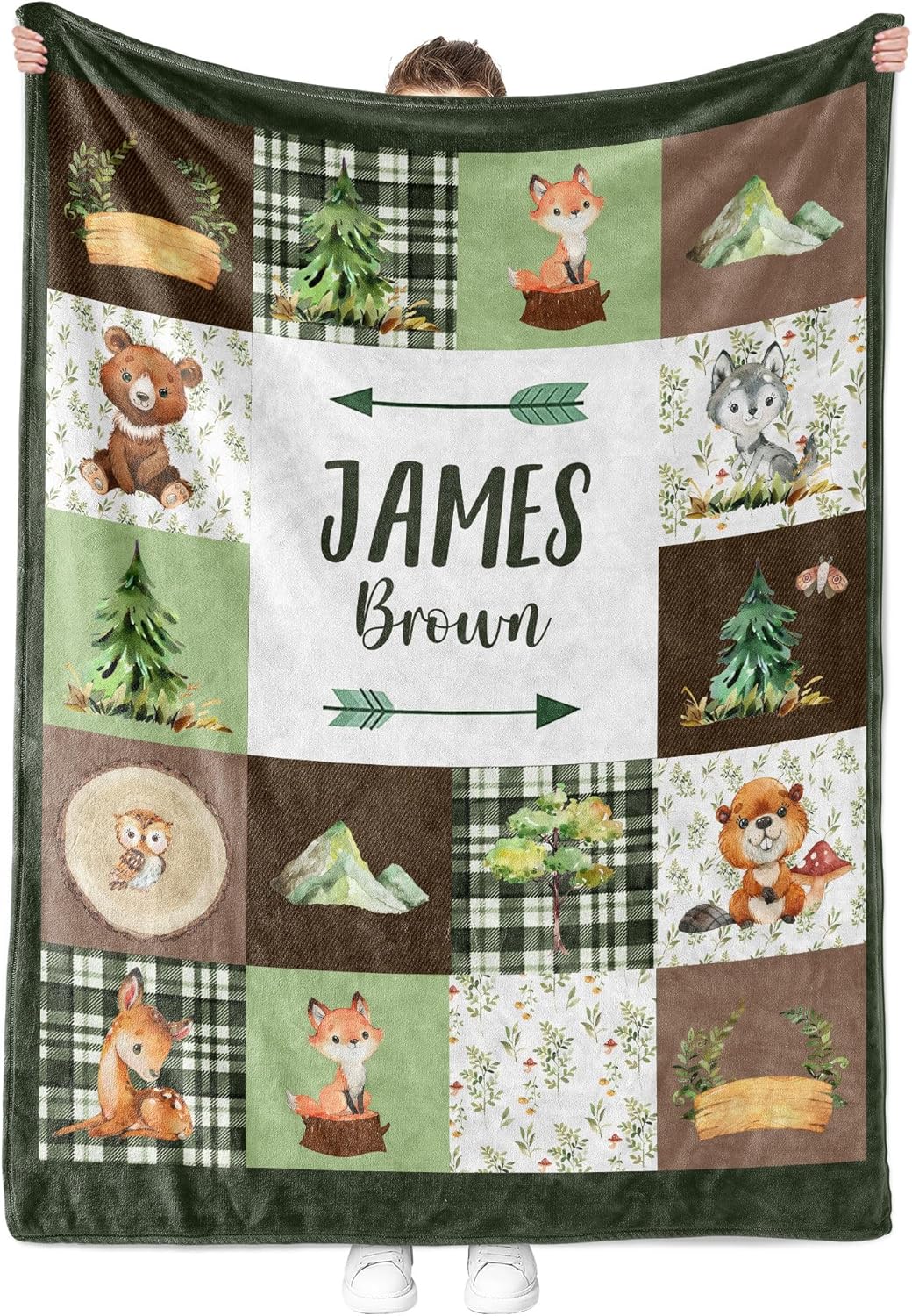 MDPrints Custom Baby Blankets for Boys, Customized Baby Boy Gifts with Name, Personalized Baby Blankets, Soft Plush Fleece (Woodland 233)