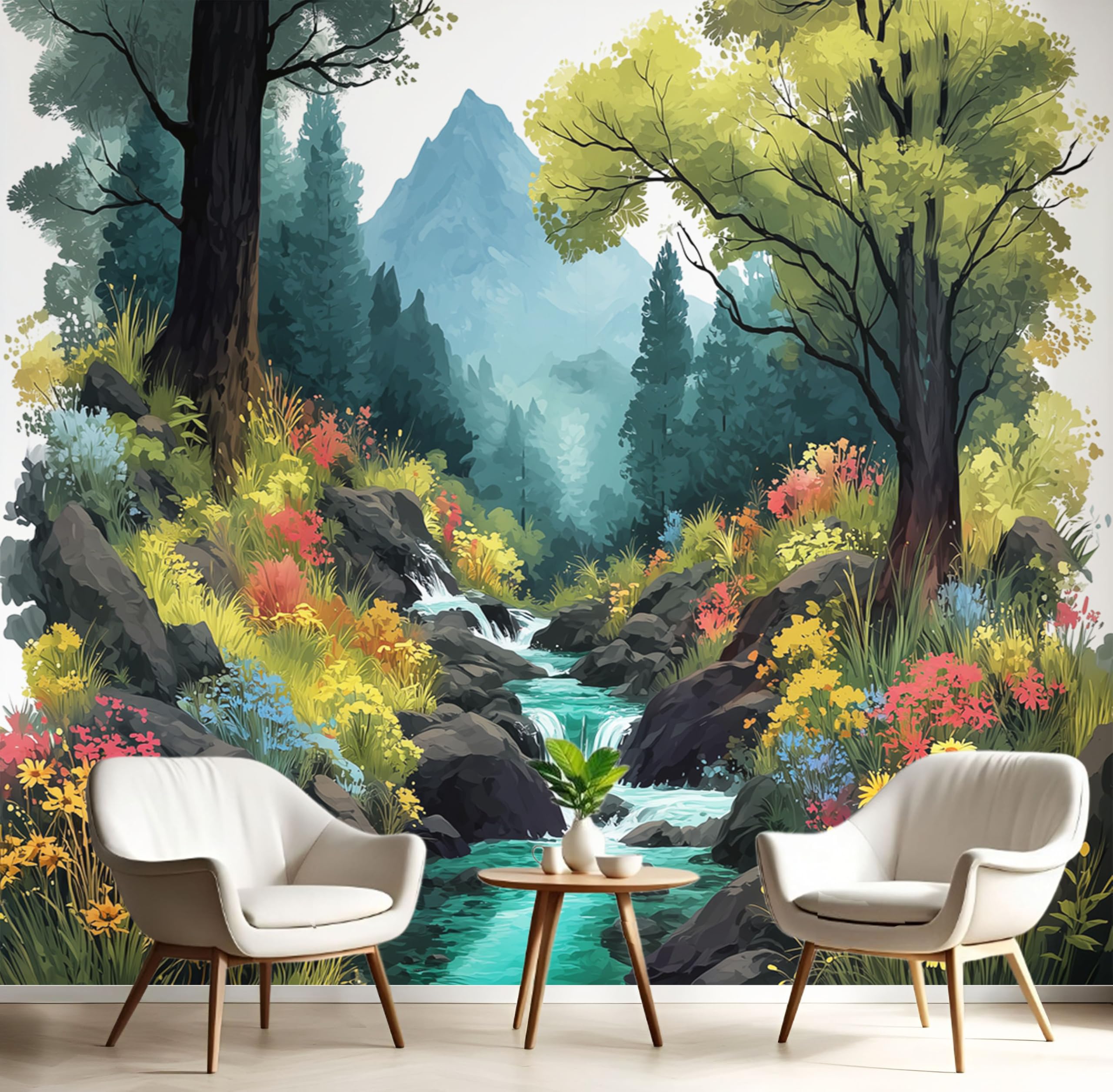 Papier peint panoramique forêt verte, tapisserie murale photo paysage fantastique salon chambre