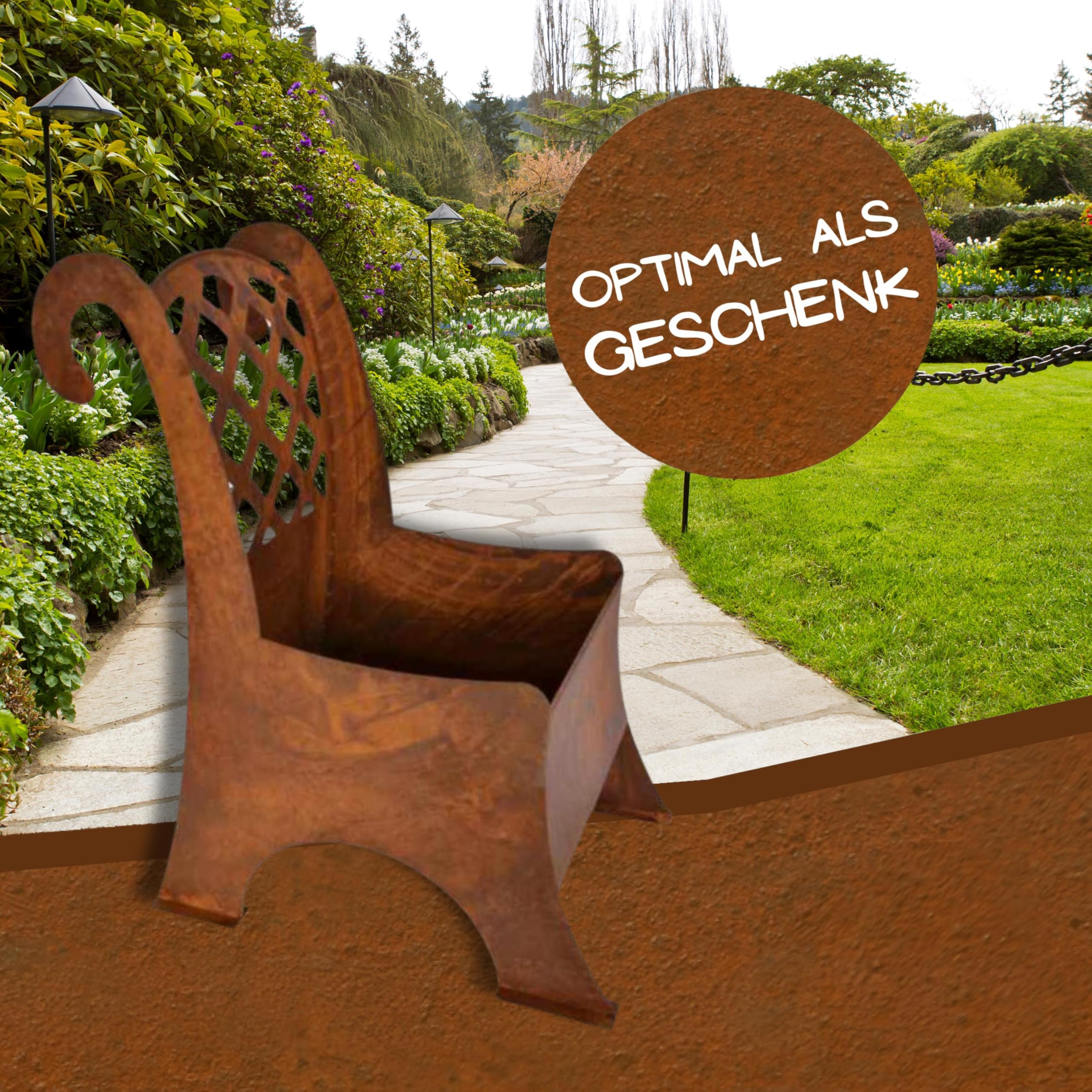 Rostikal Edelrost Stuhl zum Bepflanzen – wetterfeste Vintage Deko für Garten & Terrasse – einzigartiger Gartendeko Blumenkübel als Hingucker für Outdoor Liebhaber Garten