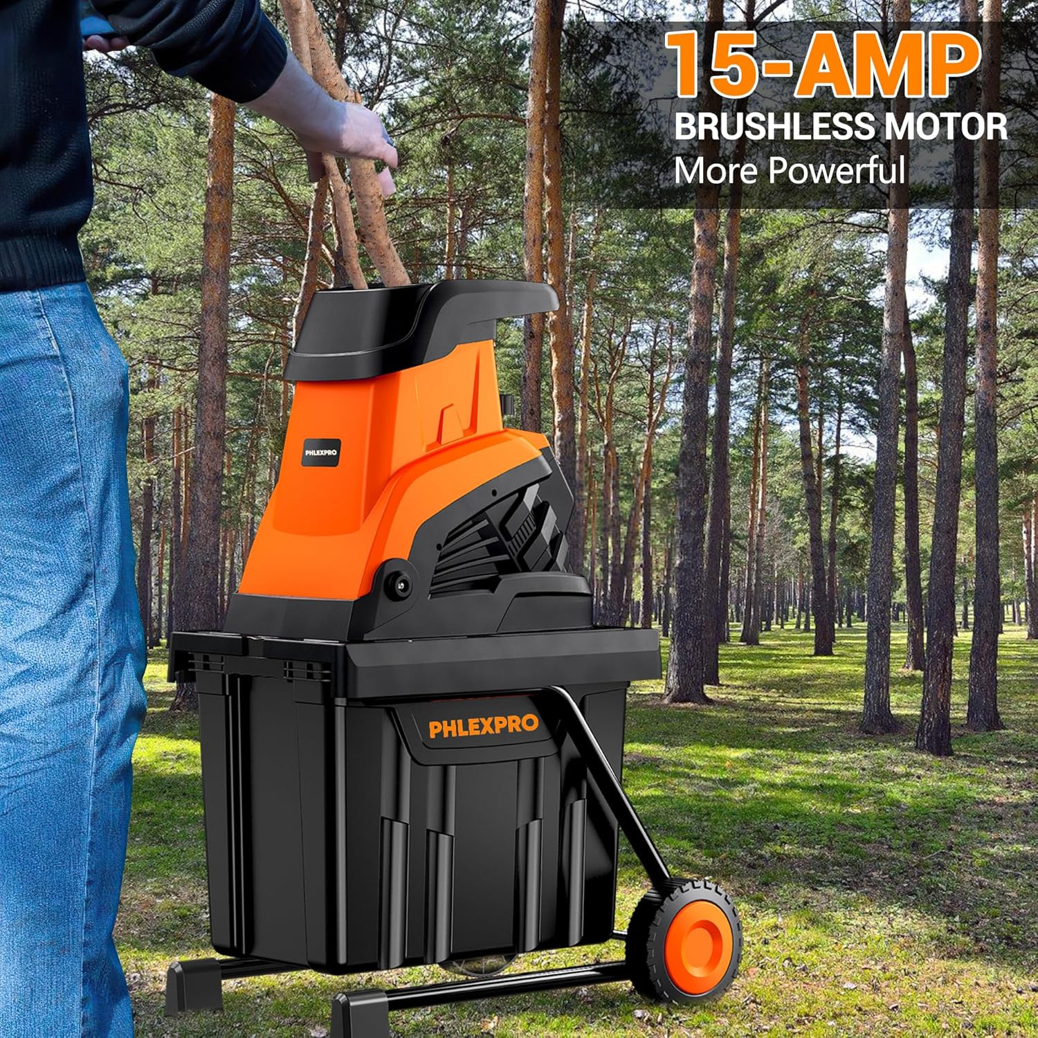 Wood Chipper Shredder, 15-Amp 1.8" Cutting Diameter Electric Wood Chipper with 50L Collection Bin & Portable Wheels, 1800W Electric Mulcher Shredder for Mulching, Composting and Yard Cleanup, Orange