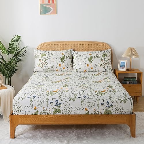 Miniatura 5 de Zusbest Juego de sábanas tamaño Queen 100% algodón percal, diseño botánico de flores amarillas y hojas verdes, estampado en jardín blanco, sábana