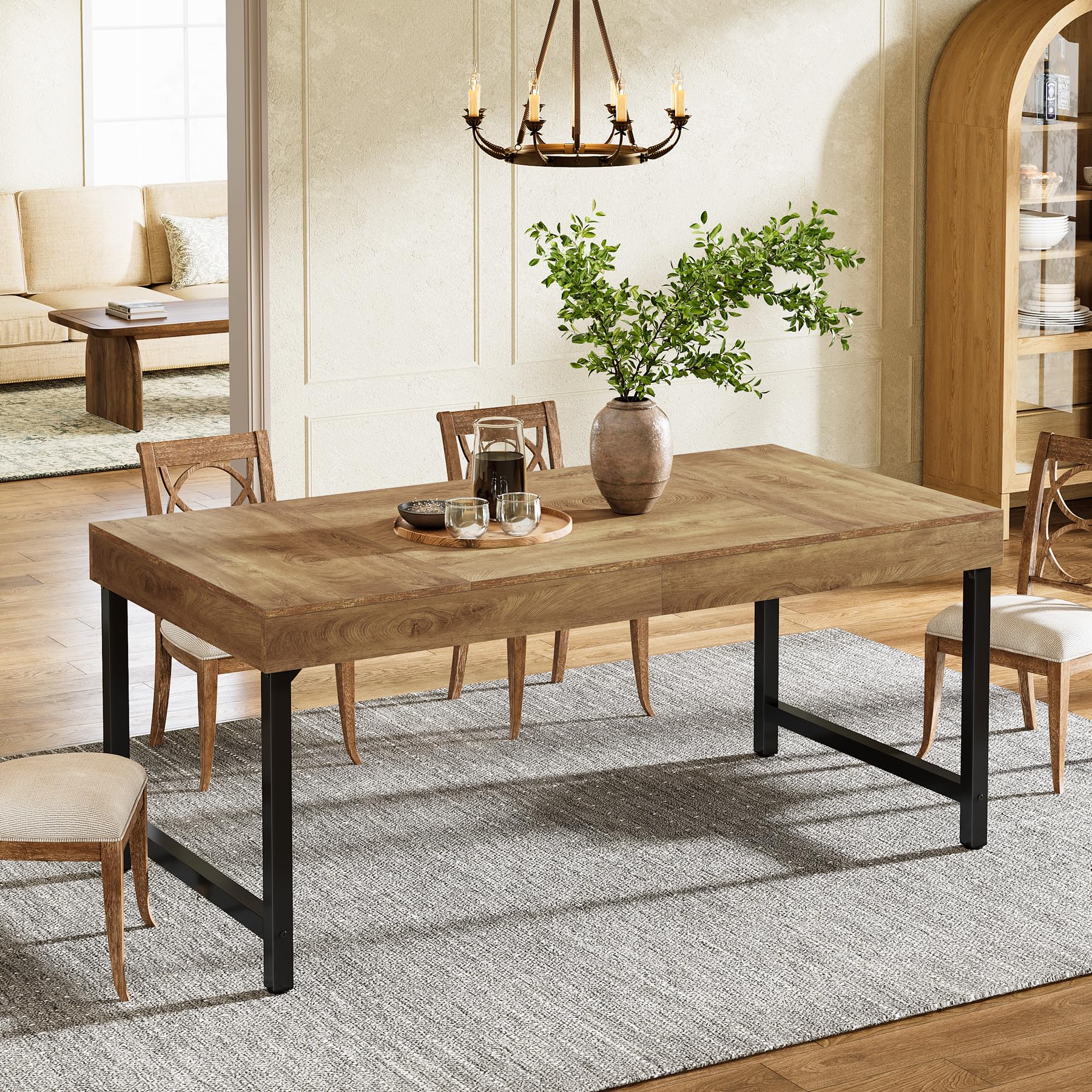 Tribesigns Tavolo da pranzo per 4-6 persone, 140 cm, industriale, rettangolare, con gambe in metallo resistente, per casa, sala da pranzo, piccoli spazi, marrone rustico