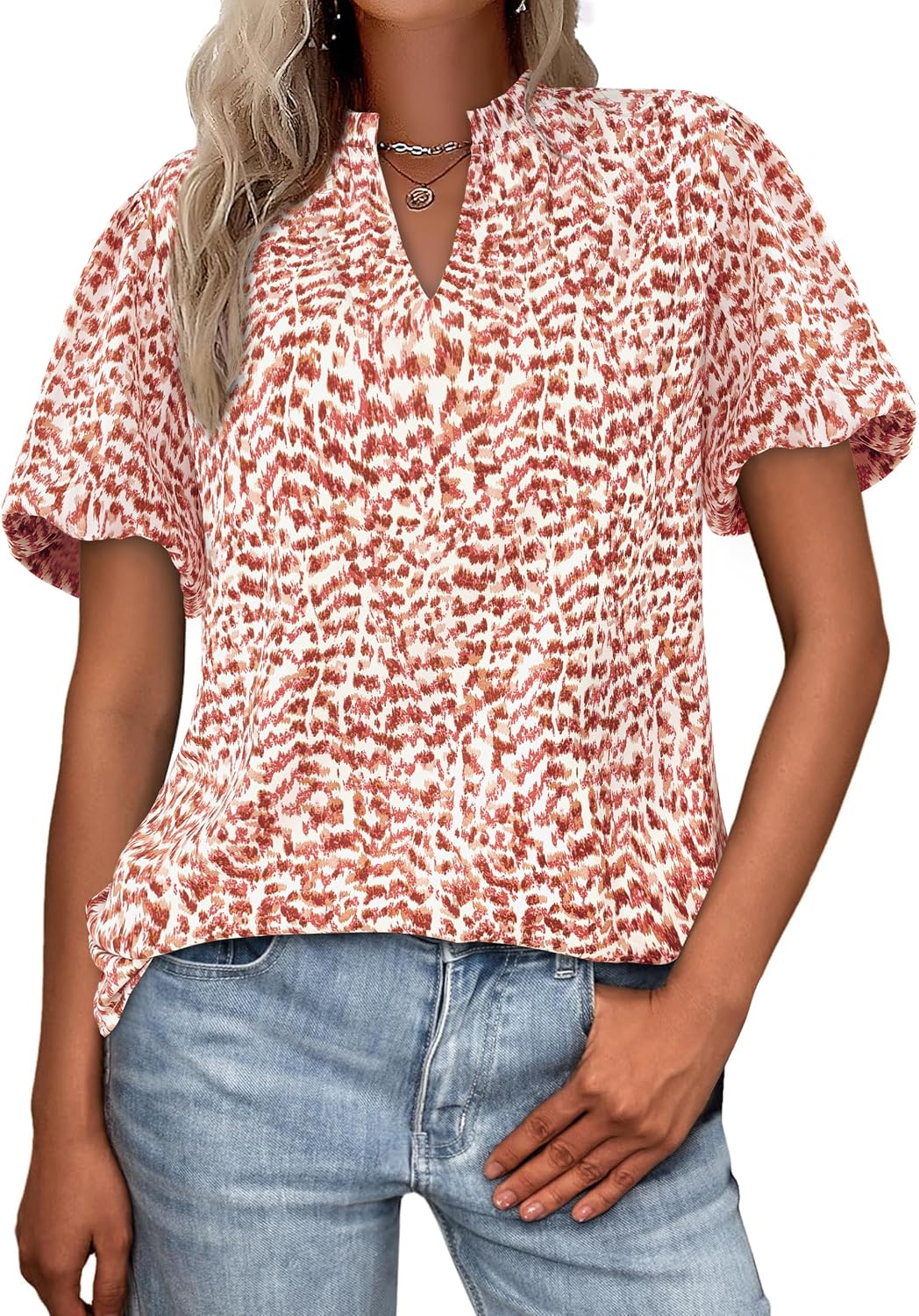 MASCOMODA Boho Short Sleeve Floral Work Blouses for Women Dressy Casual V Neck Puff Sleeve Loose Chiffon Flowy Tops Shirts