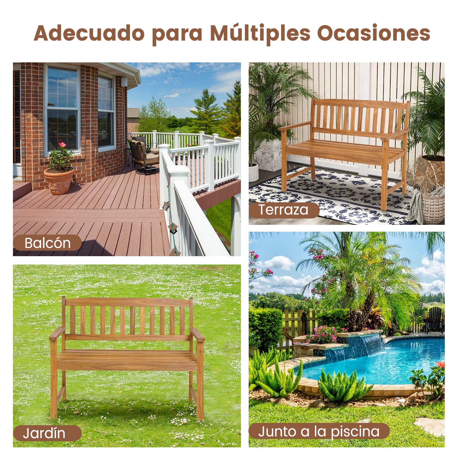COSTWAY Banco jardín Exteior de Madera de Acacia, 2 Plazas, Banco Madera con Respaldo y Reposabrazos, 110/122 x 56,5 x 86 cm, hasta 360kg (110cm)
