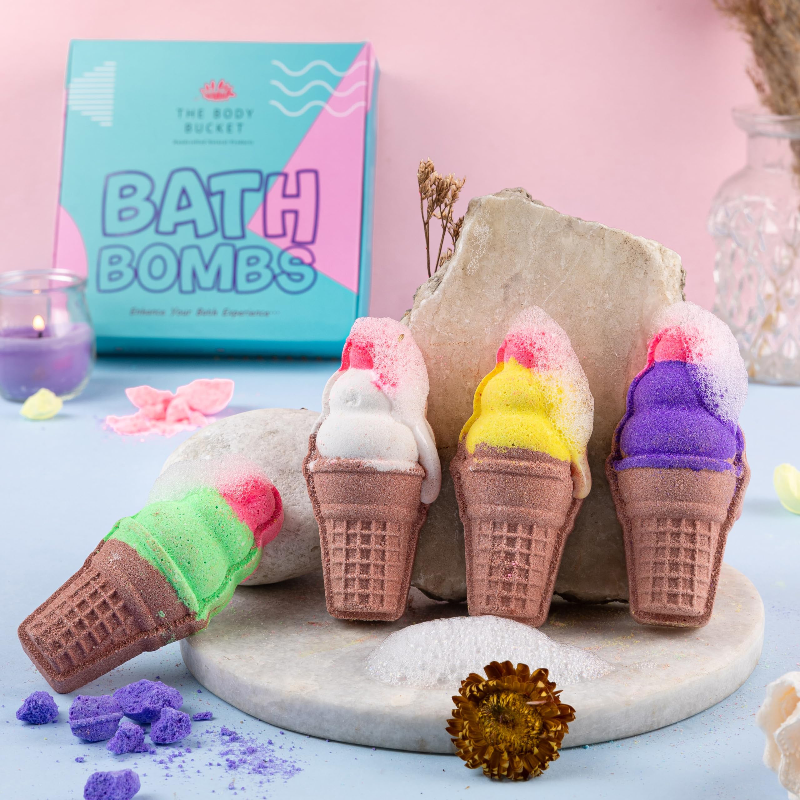 THE BODY BUCKET Vanilla Ice Cream Cone Bath Bombs- 80 gm each (Pack of 4) - Natural Handcrafted Aromatic Fragrance - Perfect Bath Gift for Kids, Men & Women
