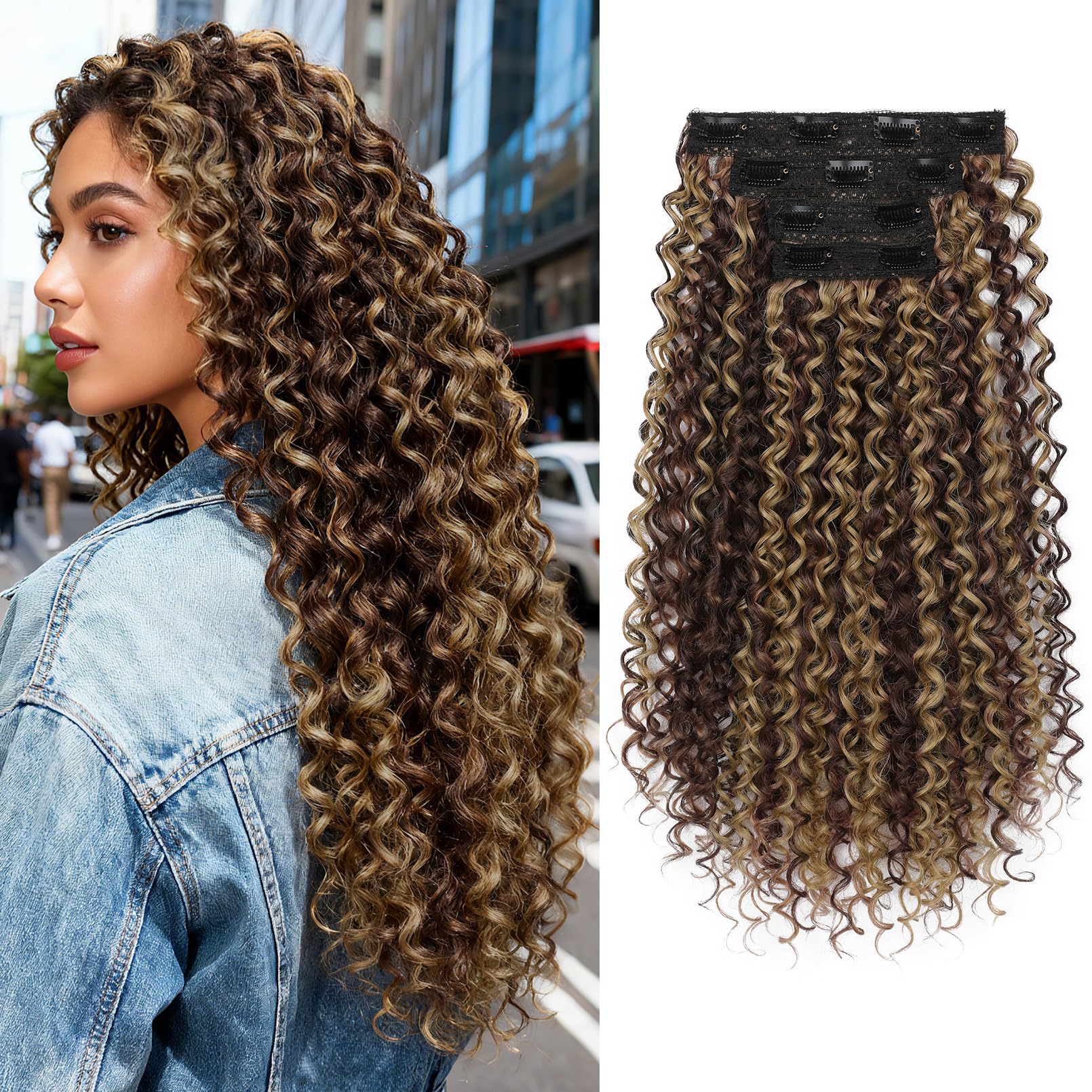 REECHO Curly Hair Extensions - 4PCS Clip In Hair Extensions Kinky Curly Clip Ins 3B 3C 4A Full Head Long Soft Synthetic Hairpiece for Women, Dark Brown with Highlights