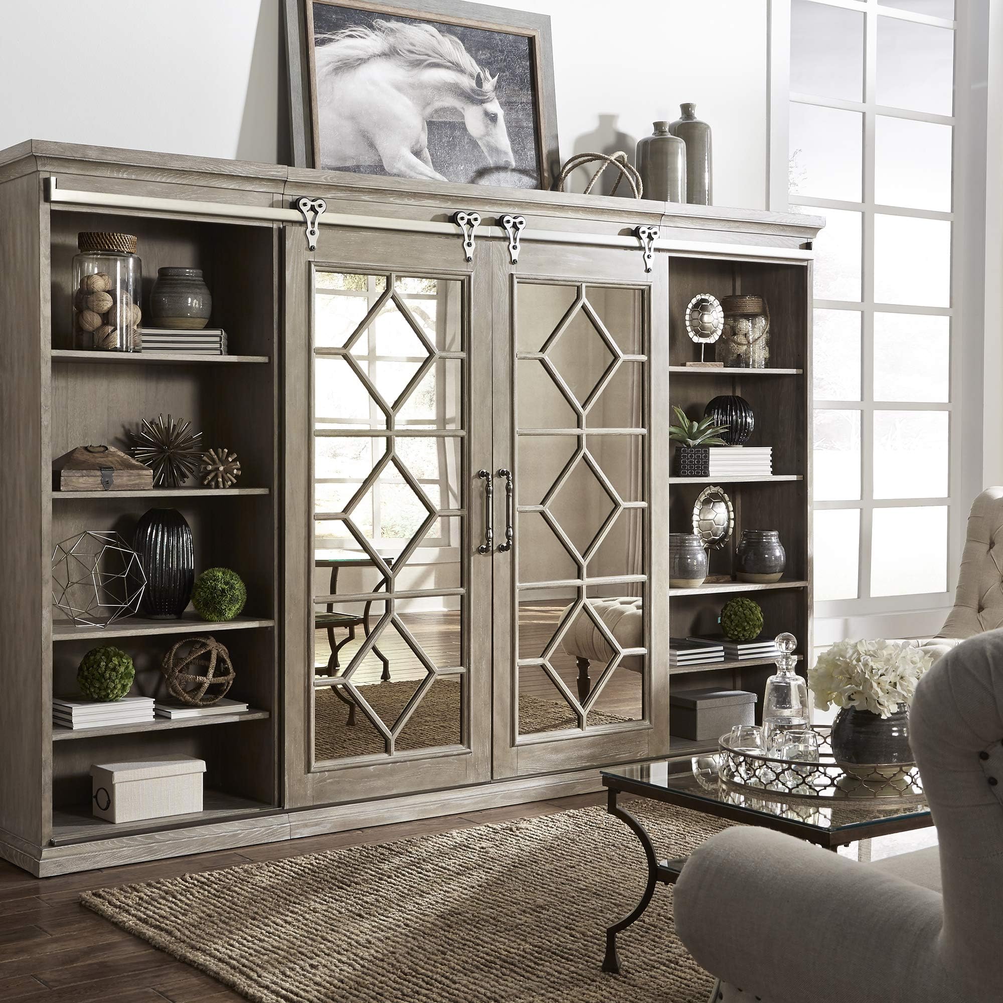 Liberty Furniture Industries Heartland Mirrored Reflections Entertainment Center with Piers, Taupe