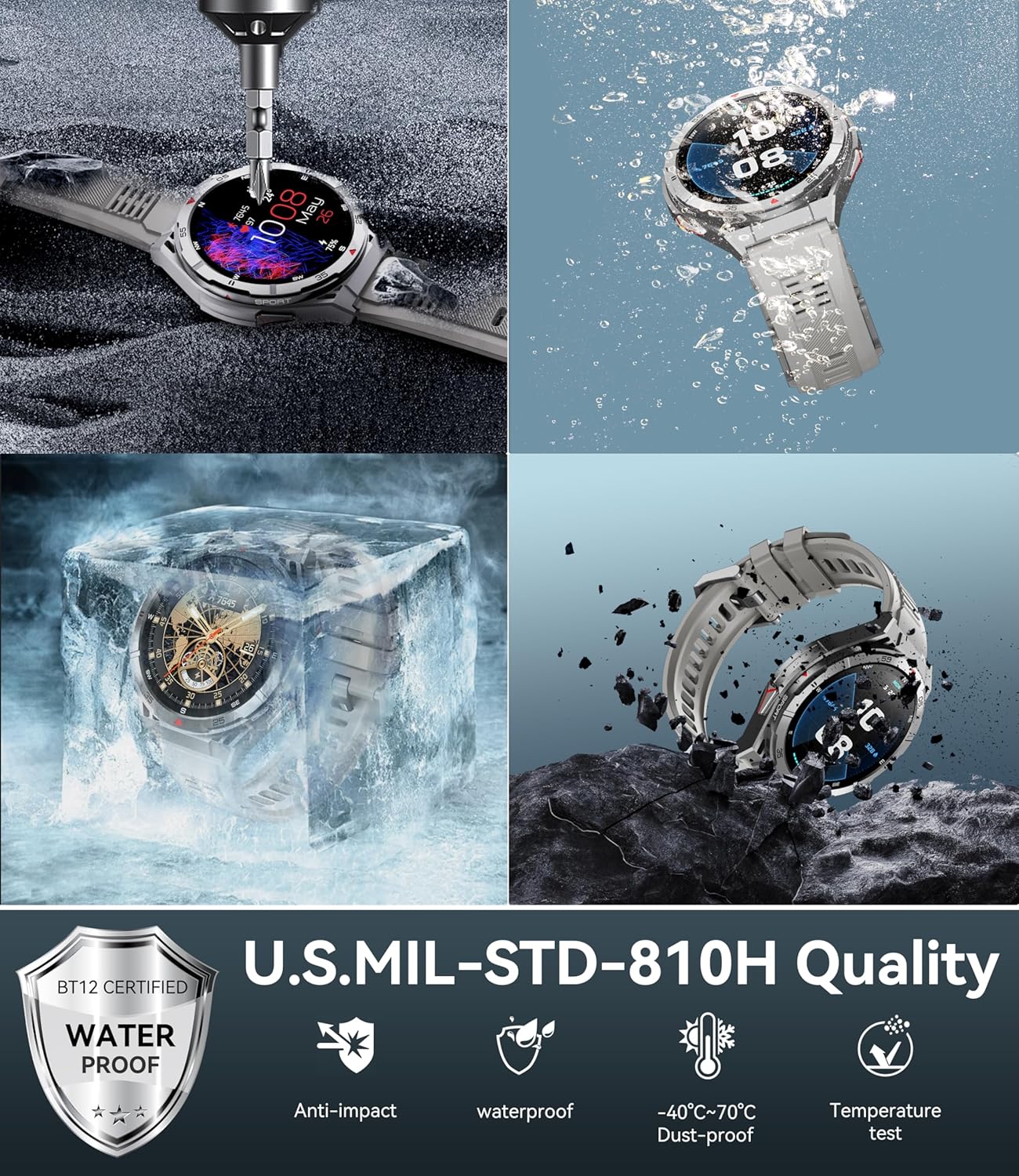 OUKITEL BT12 Smart Watch undergoing various durability tests including water immersion, freezing in ice, impact resistance, and a temperature test, highlighting U.S. MIL-STD-810H Quality.