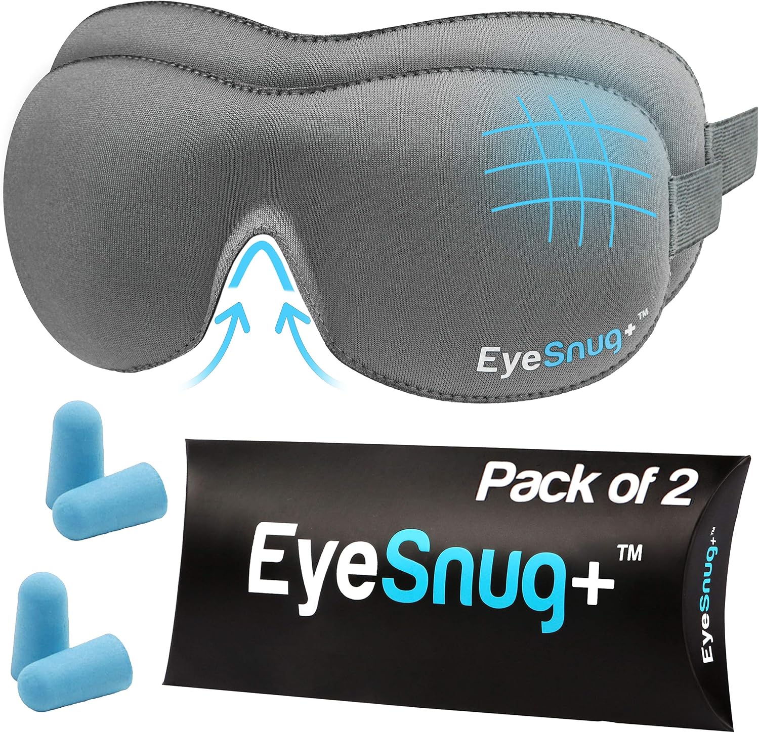 EyeSnug Sleep Mask (2 Pack) 3D Molded Eye Mask for Eyelash Lash Extensions - Blackout Blind fold Sleeping Mask. Eye Covers with Ear Plugs for Deep Sleep. Perfect for Women, Men, Kids Sleeping Mask