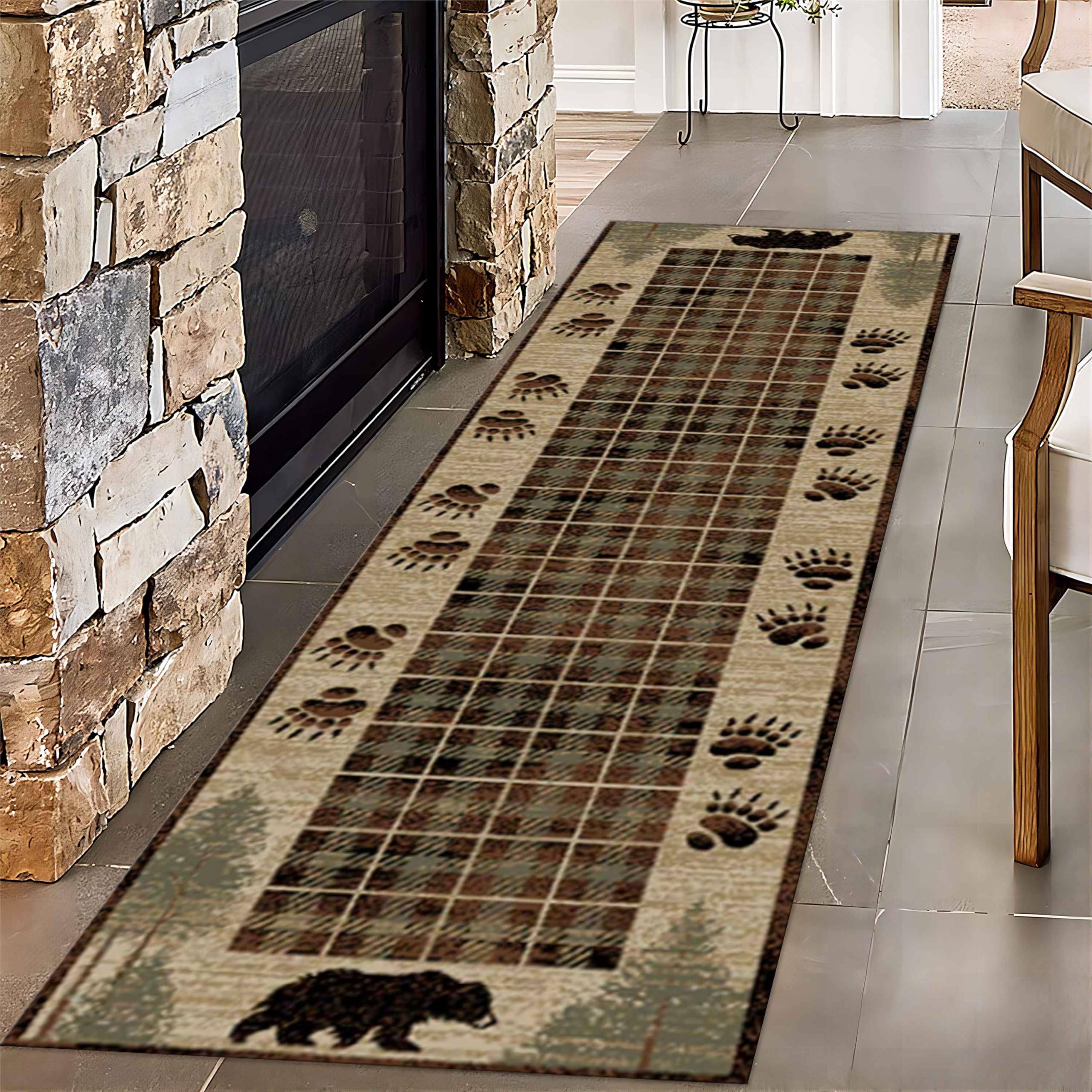 MUOUCTE Western Cabin Lodge Runner Rug, 2.6x10ft, Country Black Bear Bear Paw Long Hallway Rug Runners, Rubber Backed Washable Entryway Mat, Easy
