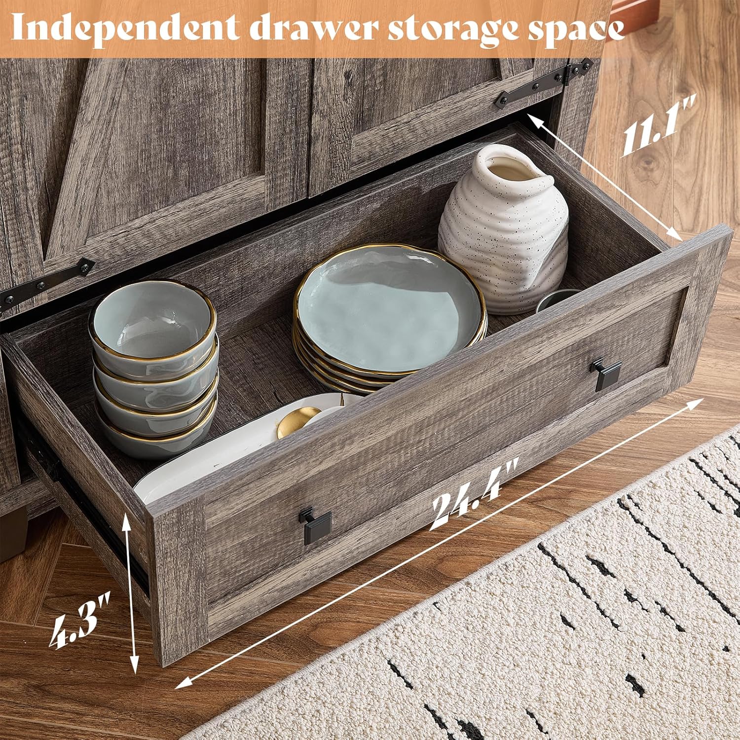 Close-up of the open bottom drawer of the AMERLIFE pantry cabinet, showing its internal dimensions and capacity for plates and bowls.