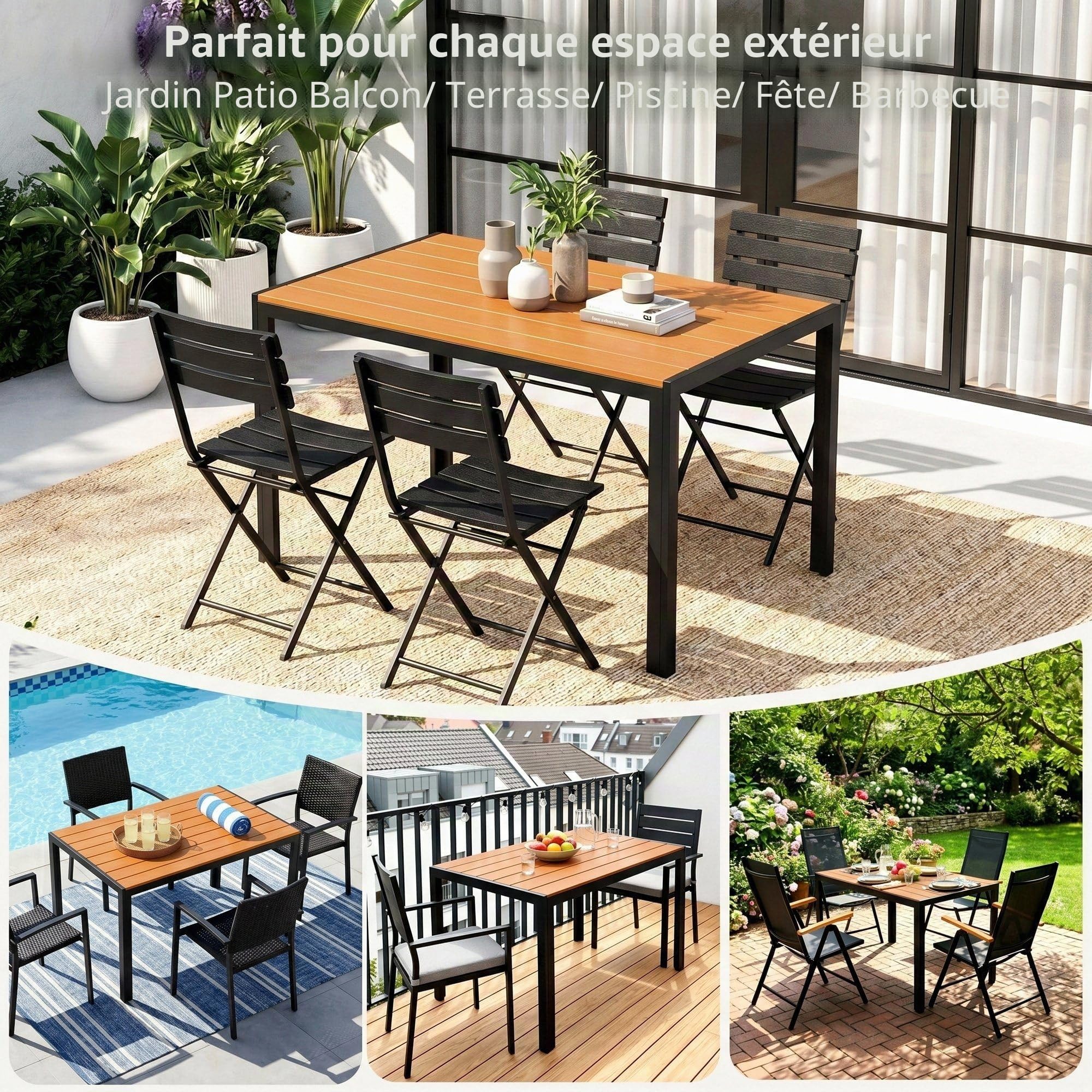 LIFERUN Table de Jardin 110x70 cm WPC pour 4-6 Personnes avec Cadre en Aluminium Brun Teck