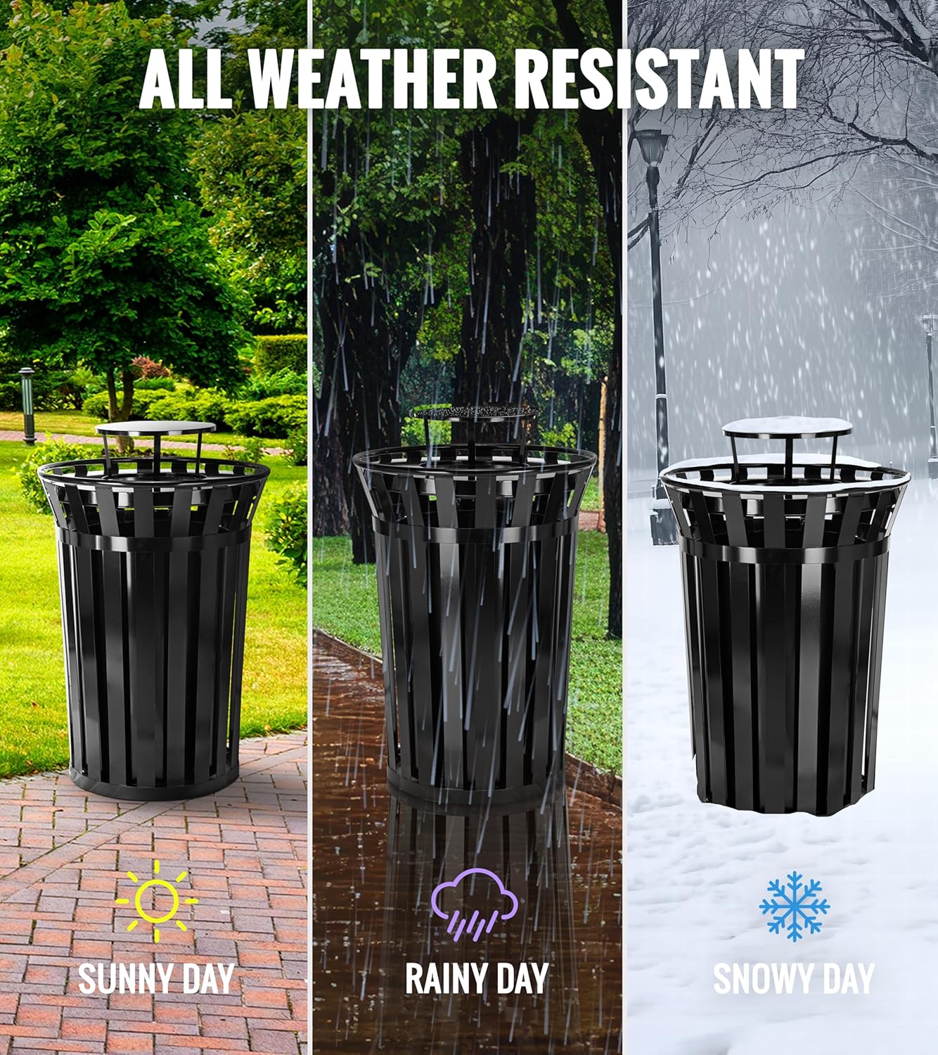 Alpine Commercial Outdoor Trash Can - 38 Gallon Heavy Duty Metal Garbage Can with Liner, Flat Lid and Rain Bonnet Lid - All Weather Resistant Large Outside Trash Can for Parks, Beach, Parking, School