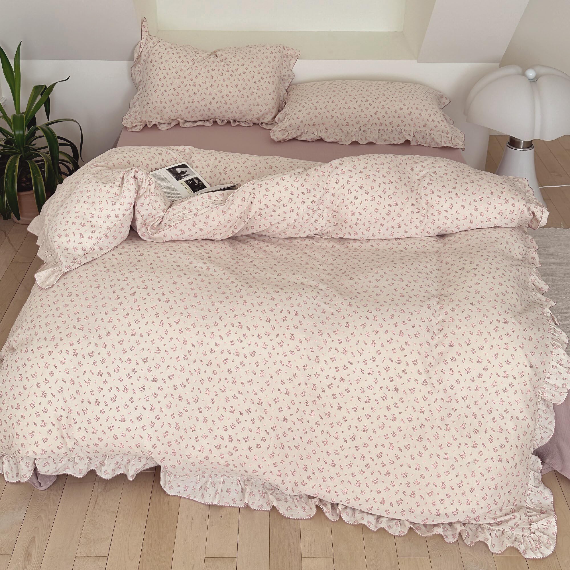 BuLuTu Vintage Pink Floral Ruffles Duvet Cover Twin,Galsang Print,No Pillow
