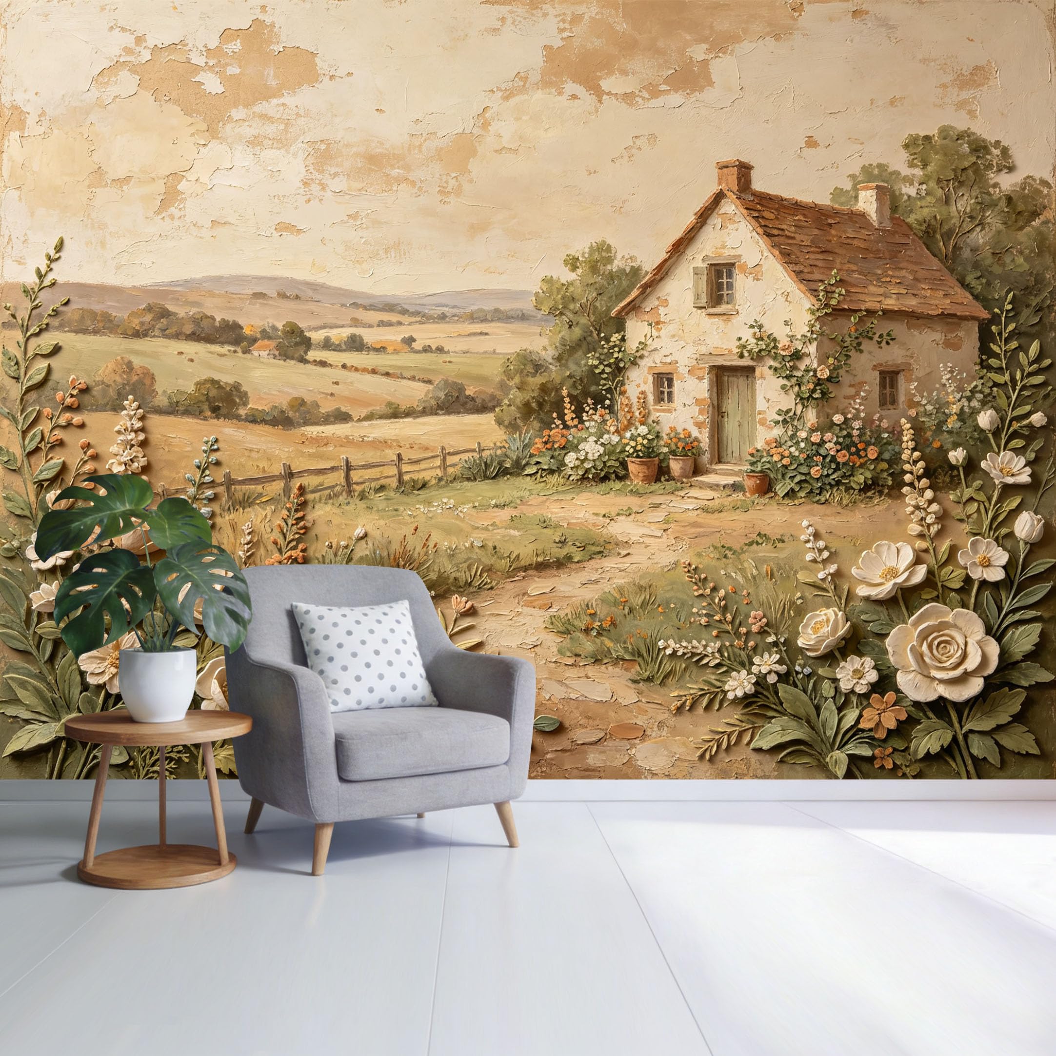 Custom Size Wall Mural Vintage Farmhouse Cottage Garden Landscape Textured Floral Pastoral Scene SelfAdhesive Wall Fabric Removable Wallpaper for Home Office Decor