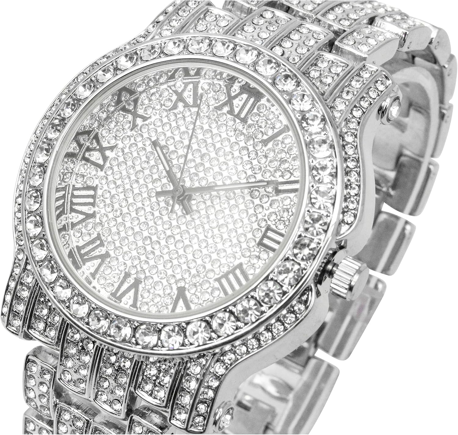 Charles Raymond Fully Iced Mens Big Rocks Bezel Color Dial with Roman Numerals, Cuban Chain Bracelet, Cuban Necklace, Tennis Chain & Ring - ST10327CRNT
