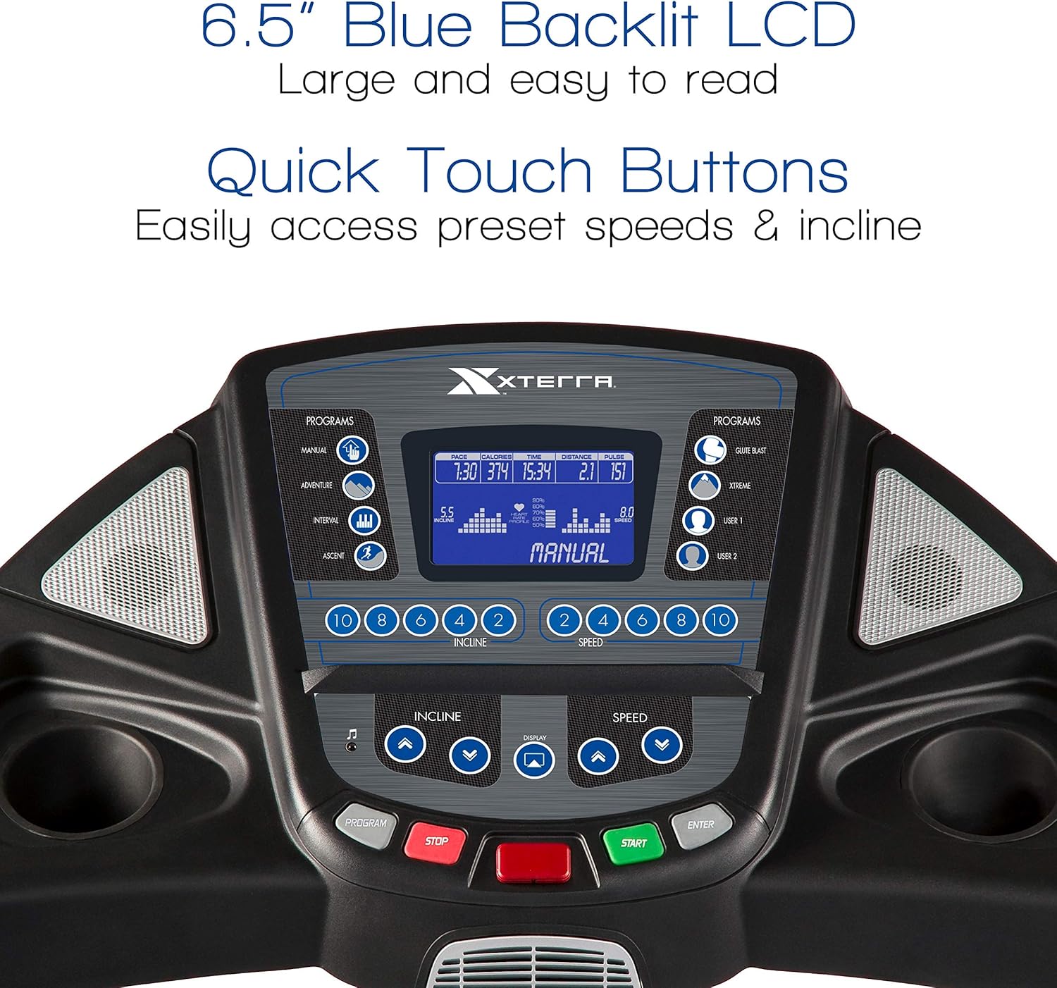 XTERRA Fitness TR600 Treadmill control panel with LCD display and quick touch buttons