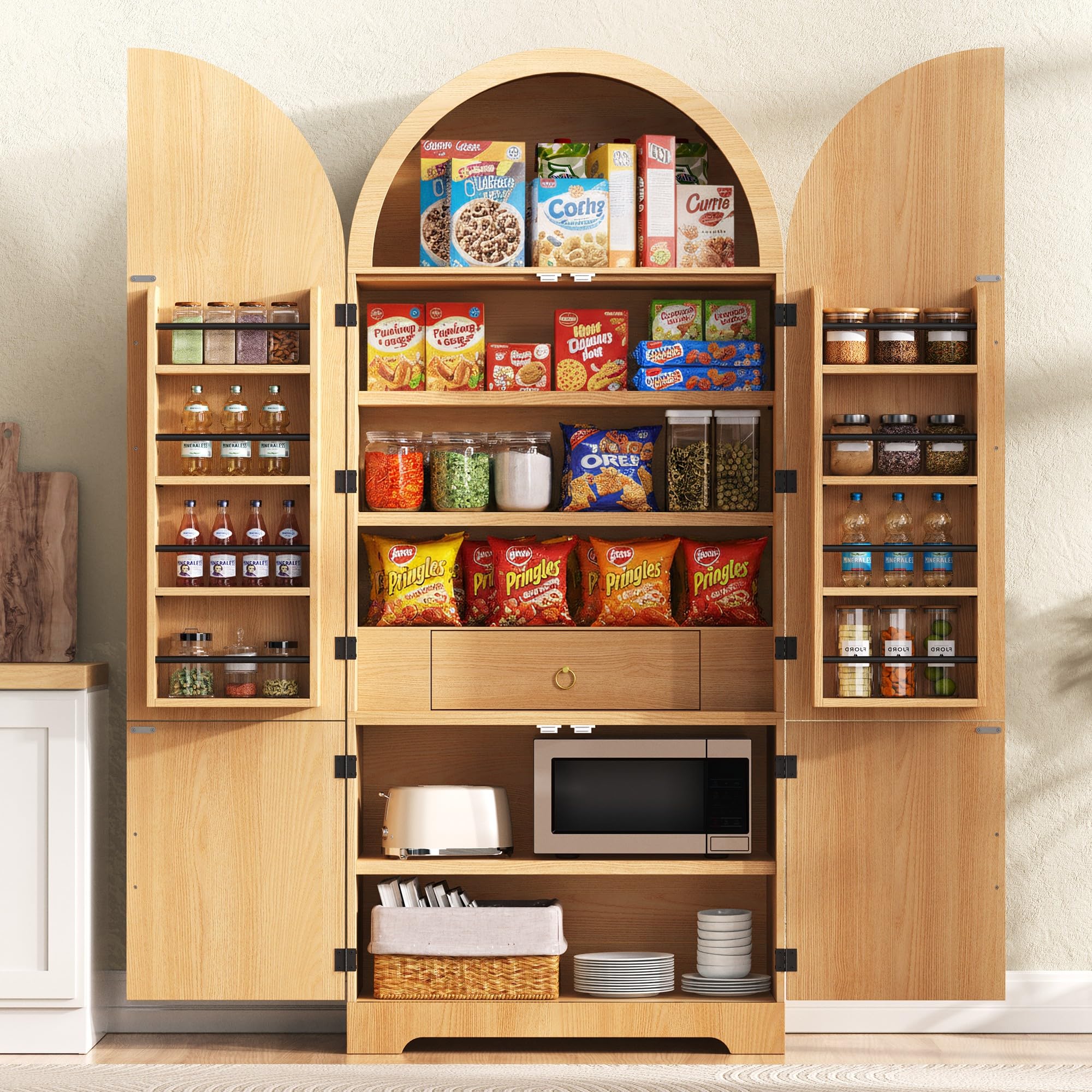 Ball &amp; Cast 72″Tall Arched Kitchen Pantry Cabinet with 8 Door Shelves &amp; Drawers,Versatile Farmhouse Fluted Pantry Storage Cabinet w/ 3 Adjustable Shelves for Kitchen,Dining Room,Natural