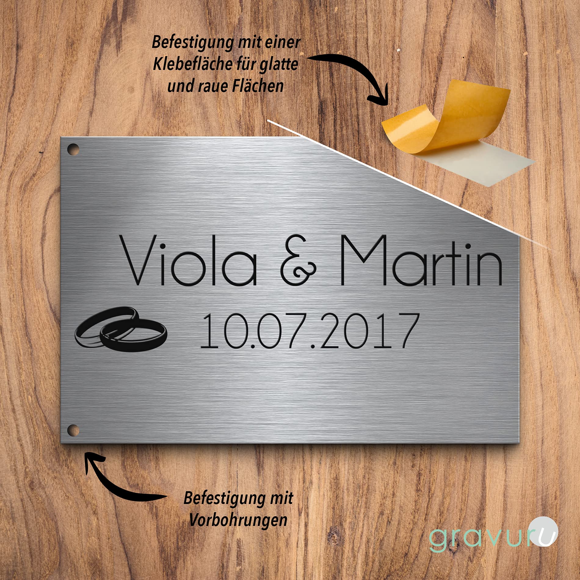Edelstahl Hochzeitsschilder rechteckig mit Wunsch Gravur zB Name & Spruch & Eheringe Trauringe | Ausgefallene Geschenke Hochzeit viele Motive | Perlenhochzeit Kristallhochzeit
