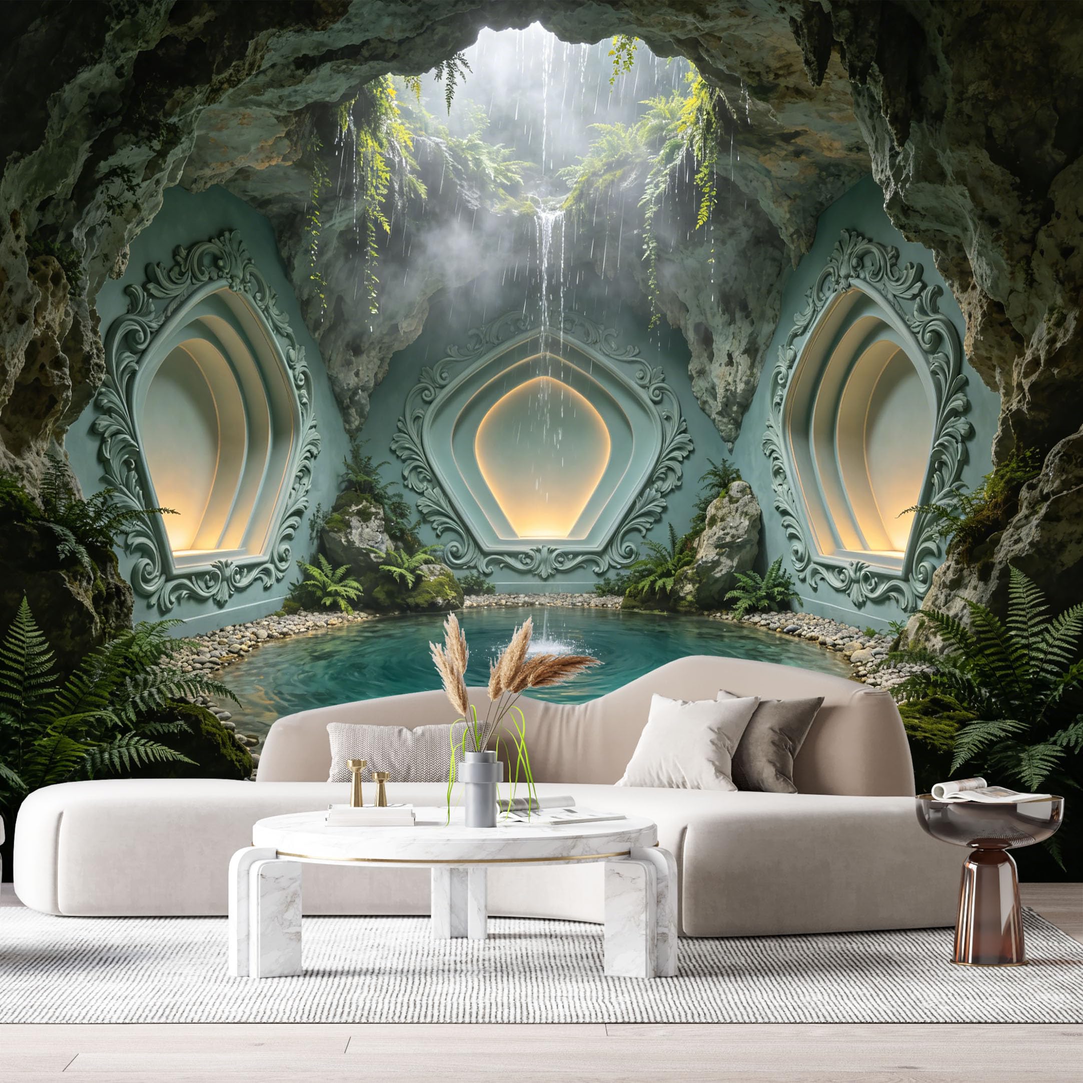 Custom Size Wall Murals Mystical Cavern Grotto Turquoise Pool 3D Trompe L'Oeil SelfAdhesiveWall Fabric Removable Wallpaper Wall Decor for Living Room Bedroom Bathroom