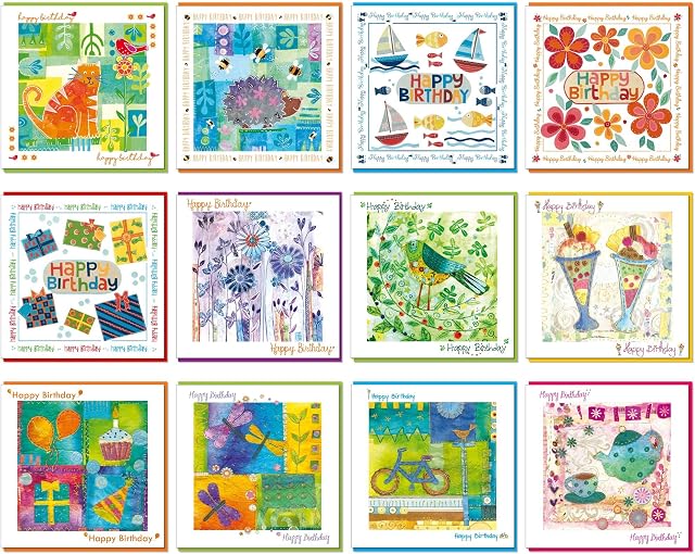 Pack of Birthday Greeting Cards, 14x14cm, 12 designs in this birthday cards multipack, each with a coloured envelope. Blank inside each Happy Birthday card, by Just Cards Direct (GE1025)
