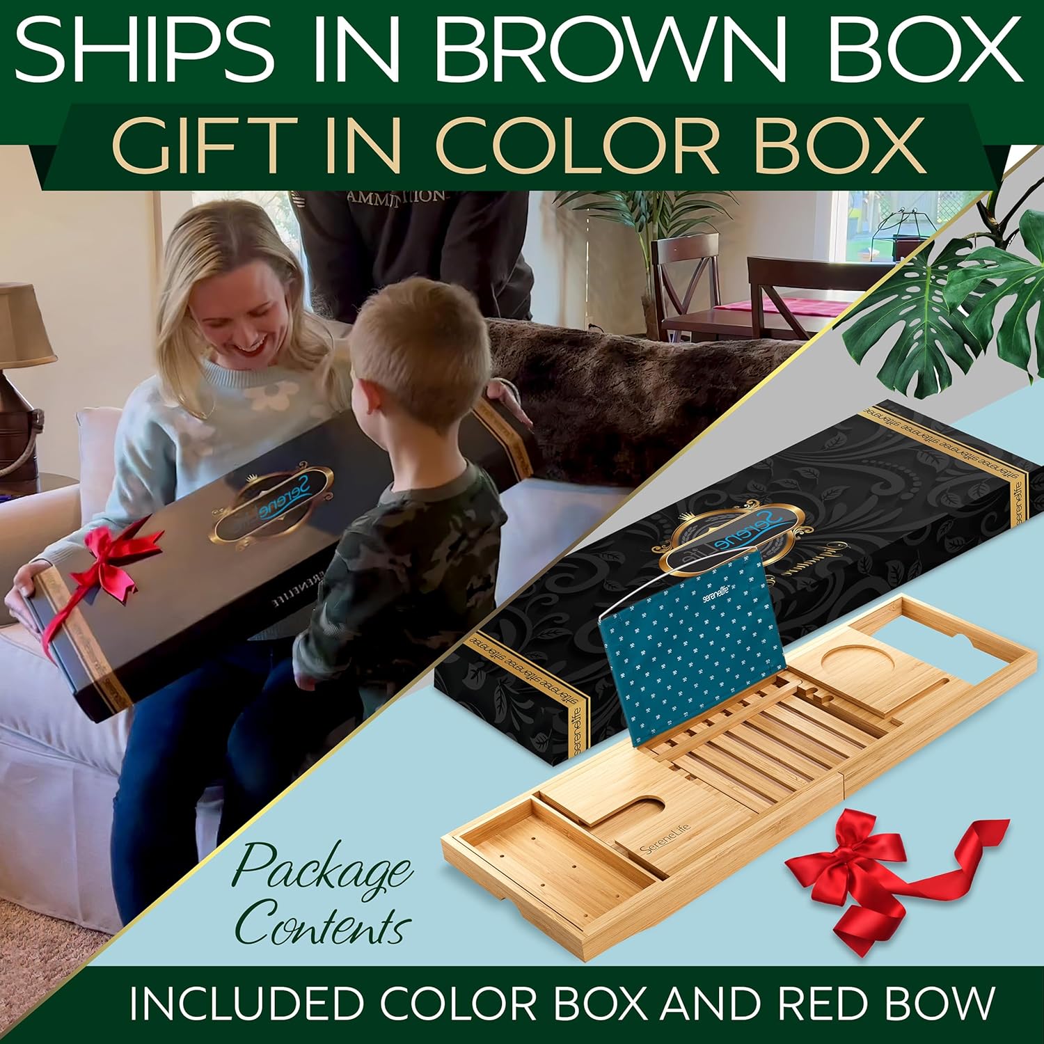 SereneLife Premium Bathtub Tray Caddy with Gift Box and Bow Set, Expandable Bath Tray, Unique House Warming Gifts for Mom, Women, Wedding, Anniversary, Bridal Shower, Fit for All Tub - Classic