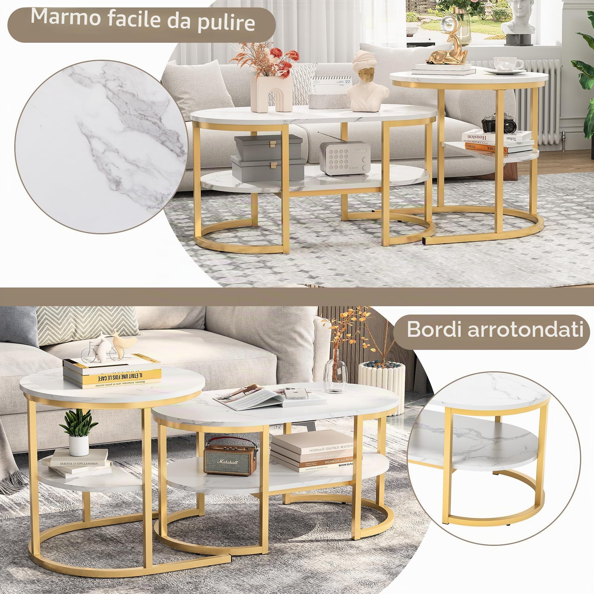 Set di 2 tavolini ovali, set di 2 tavolini 2 in 1 con spazio di archiviazione, tavolino in marmo effetto tavolino da salotto per soggiorno, balcone e ufficio (ovale, bianco + oro)
