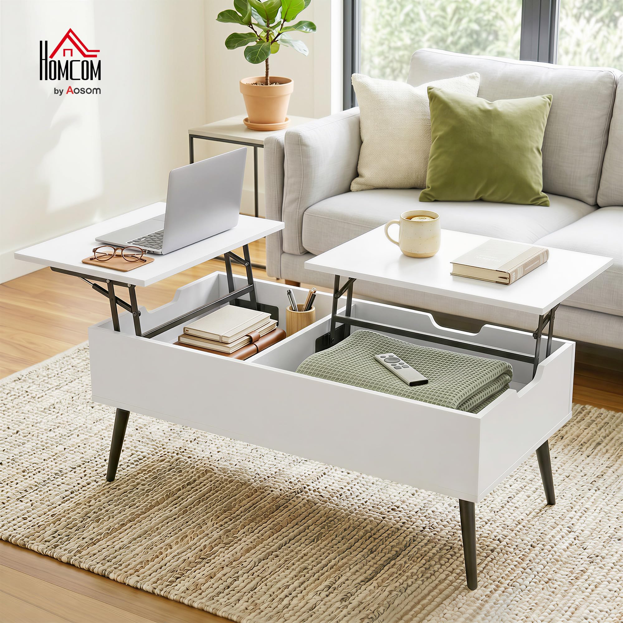 HOMCOM Tavolino da Caffè Sollevabile Salotto 100x50x43.6-58 cm Bianco | Doppio Piano, Vano Nascosto, Gambe in Metallo, Soggiorno Casa Ufficio