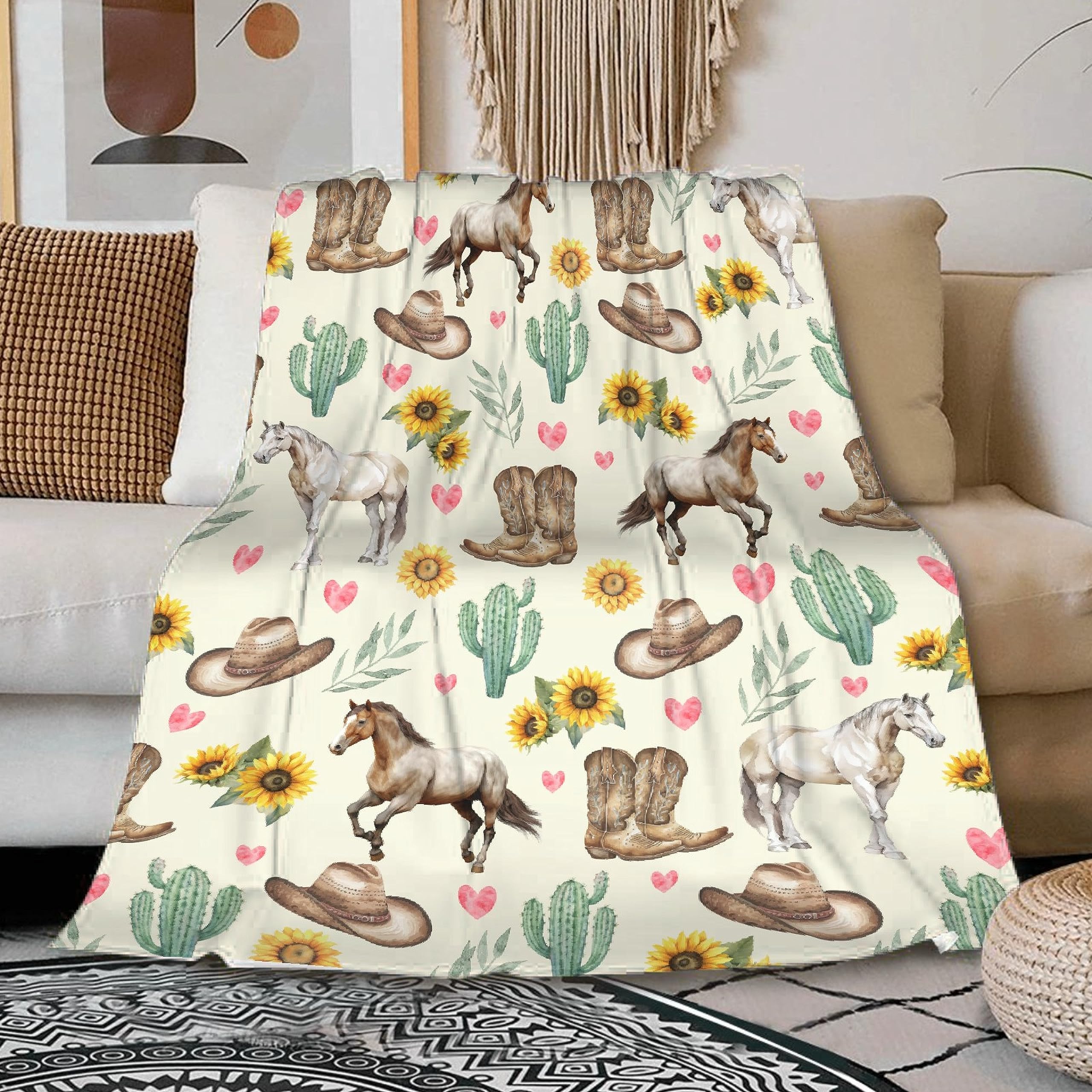 ZOCHOTEN Horse Blanket Horse Gifts for Girls Women Horse Lovers Horse Floral Throw Blanket for Couch Bed Outdoor Western Cowgirl Boots Hats Print Blanket 50