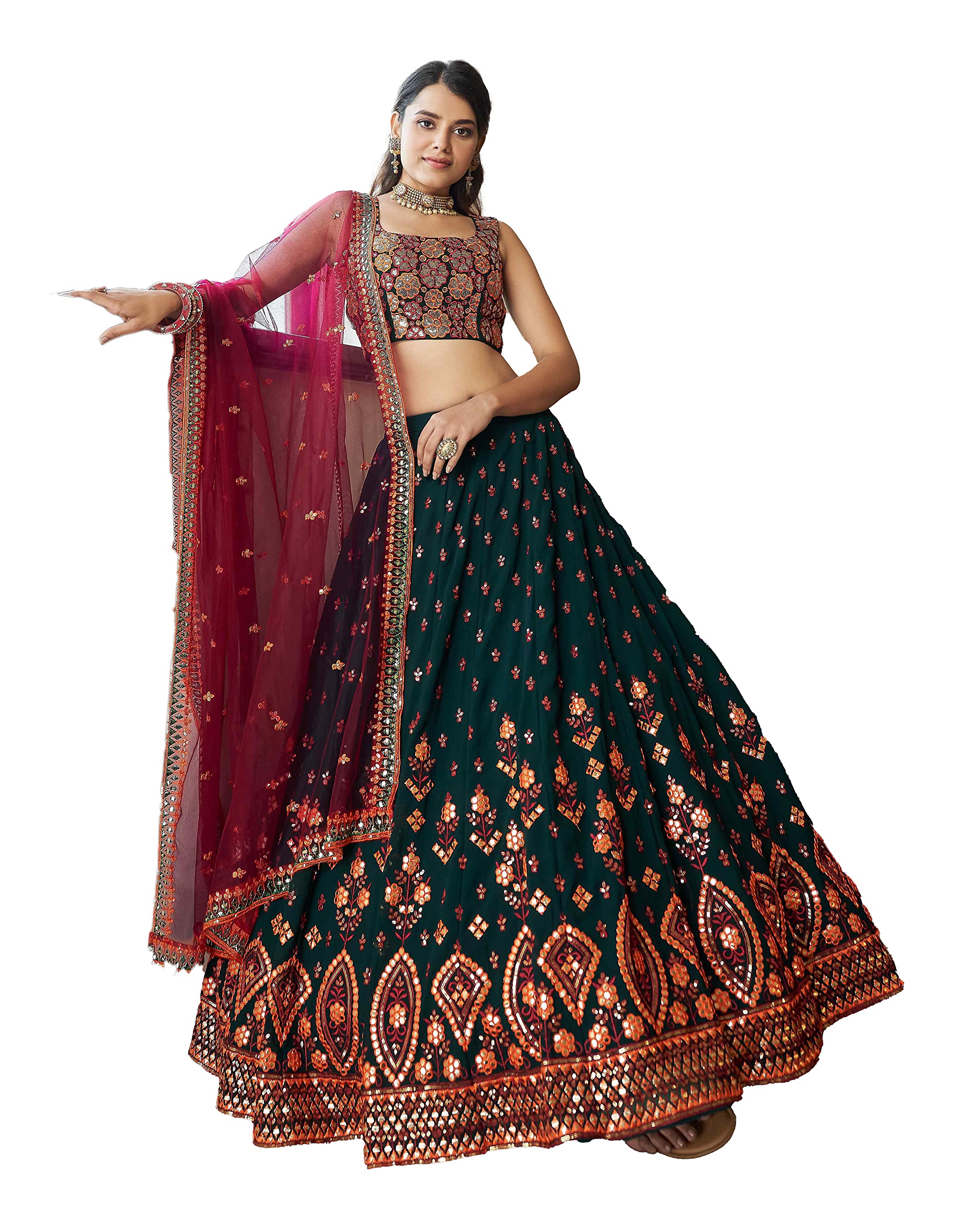 Divine EximWomen's Georgette Embroidered Semi-Stitched Lehenga Choli with Dupatta | Traditional, Wedding, Ethnic WearLehenga for Women and Girls (1944-Green-Wedding)