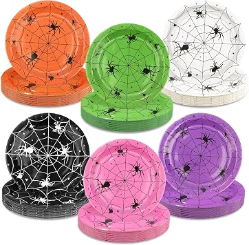 60 Pcs Halloween Paper Plates 9 Inch Disposable Spider Dessert Plates Spiderweb Tableware Dinnerware for Halloween Birthday Baby Shower Party Decor Supplies, 6 Colors