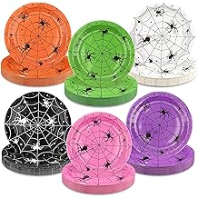 60 Pcs Halloween Paper Plates 9 Inch Disposable Spider Dessert Plates Spiderweb Tableware Dinnerware for Halloween Birthday Baby Shower Party Decor Supplies, 6 Colors