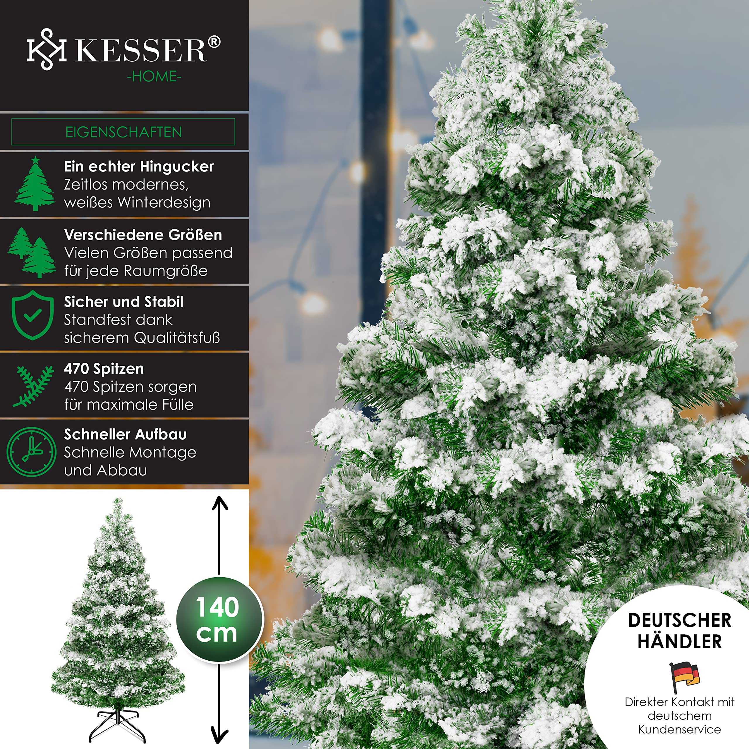 KESSER® Weihnachtsbaum künstlich 140 cm Schneezauber – Tannenzweige wie echt – naturgetreuer Tannenbaum mit Ständer, dichtes Bäumlein, realistischer Pine Tree, Weihnachtsdeko, Christbaum, Dunkelgrün