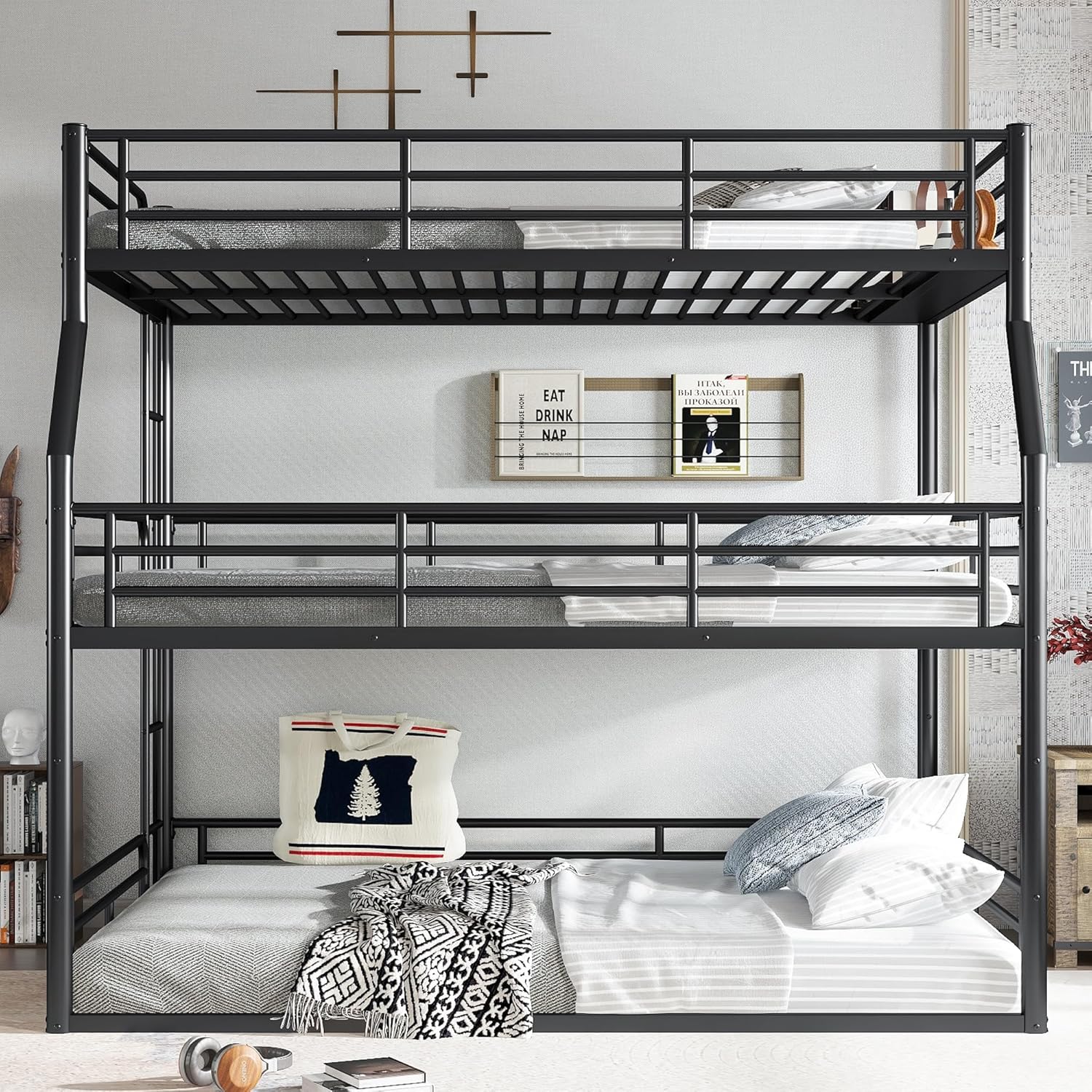 Full XL over Queen over Queen Heavy Duty 3 Bunk Beds with Safety Guardrail, Floor Triple Bunk Bed with Detachable Design for All Ages, Bedroom, No Box Spring Needed, Easy Assembly, Black