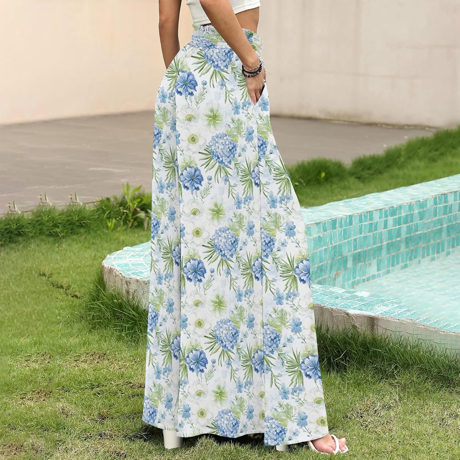 ZOCAVIA Women's Boho Wide Leg Pants 2025 Summer Smocked Waist Floral Palazzo Pants Flowy Lounge Pants Beach Trousers Pockets - Image 4