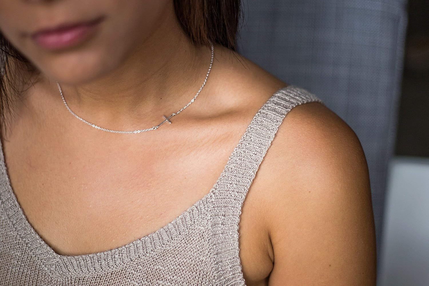 Sterling Silver Sideways Cross Necklace Christian Necklace for Women 16 or 18 inch Cross Necklace Necklace with Cross Side Small Cross Necklace Graduation Baptism (16 inches)