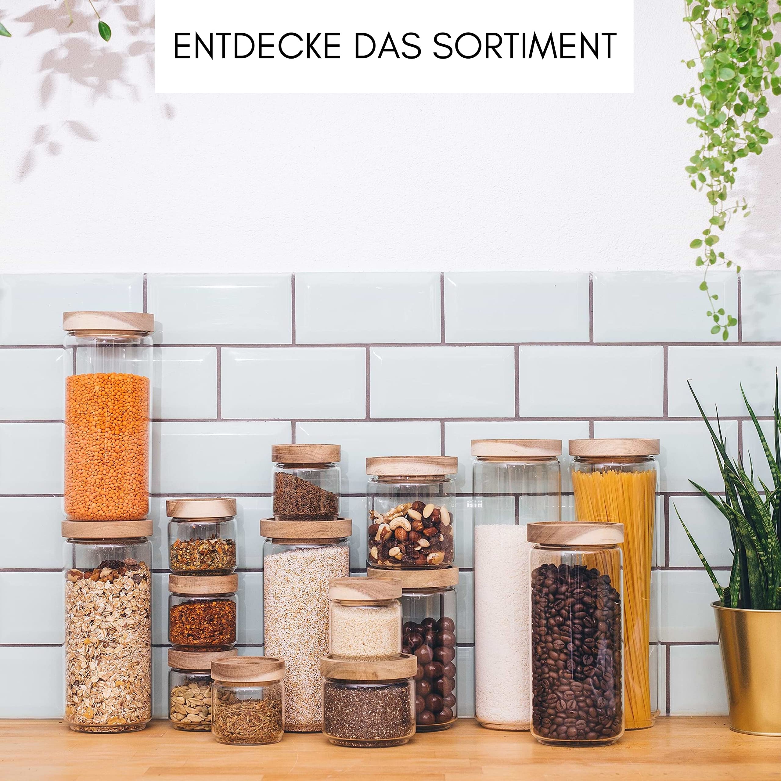 Econovo Set di 3 contenitori in vetro con coperchio, 700 ml, impilabili | Barattoli impilabili in vetro borosilicato, coperchio ermetico in legno, adatti per zucchero, tè, granola e riso
