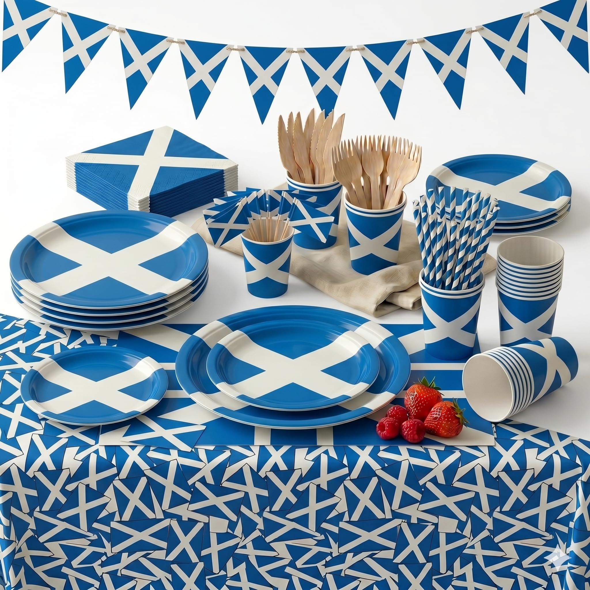 Scotland Flag World Cup Party Tableware Dinner Set for 24 Guests – Scottish St Andrews Cross 294pcs - Disposable Dinnerware, Plates, Cups, Tablecloth, Bunting & More – Football Rugby Party Decorations