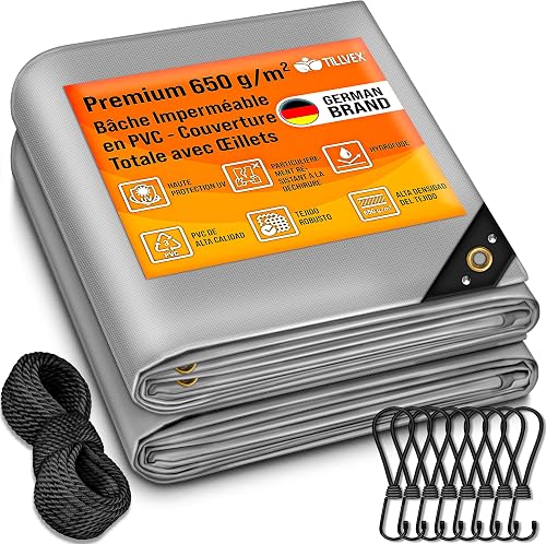 Bâche PVC 650 g/m² avec 10 crochets et corde de 15 m tillvex