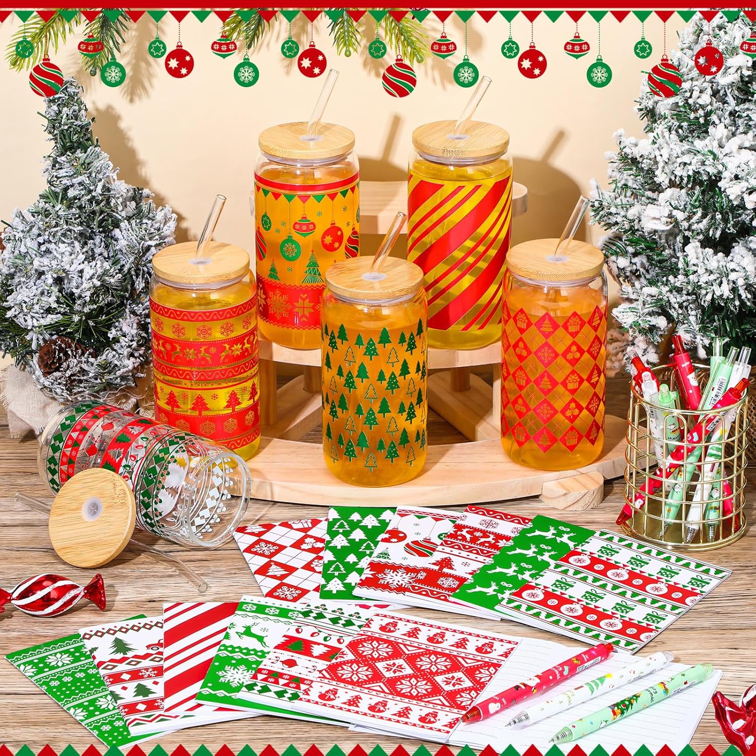 Skylety 12 Set Christmas Gifts Bulk 16 oz Red and Green Glass Cups with Lids Straws Xmas Notebook Sticky Note Pens for Employee Appreciation Women Students School Office Holiday Party Favors - Image 7