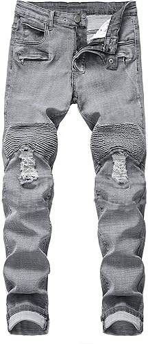 QIMYUM Jeans ajustados para hombre, jeans ajustados rasgados para hombre, jeans de motociclista, elásticos, pantalones de mezclilla de Moto Cargo