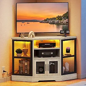 DWVO Corner TV Stand 55/50 Inch TV w/Power Outlet & LED Light, Farmhouse Entertainment Center with Storage, Wood TV Media Console with Storage Cabinets Shelves for Living Room, White Oak