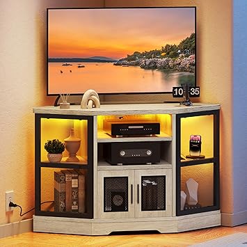 DWVO Corner TV Stand 55/50 Inch TV w/Power Outlet & LED Light, Farmhouse Entertainment Center with Storage, Wood TV Media Console with Storage Cabinets Shelves for Living Room, White Oak