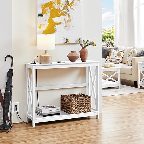 Miniatura 2 de Yaheetech Mesa consola con tomas de corriente, mesa de entrada de 40 pulgadas con estación de carga, mesa de sofá de madera con estantes de