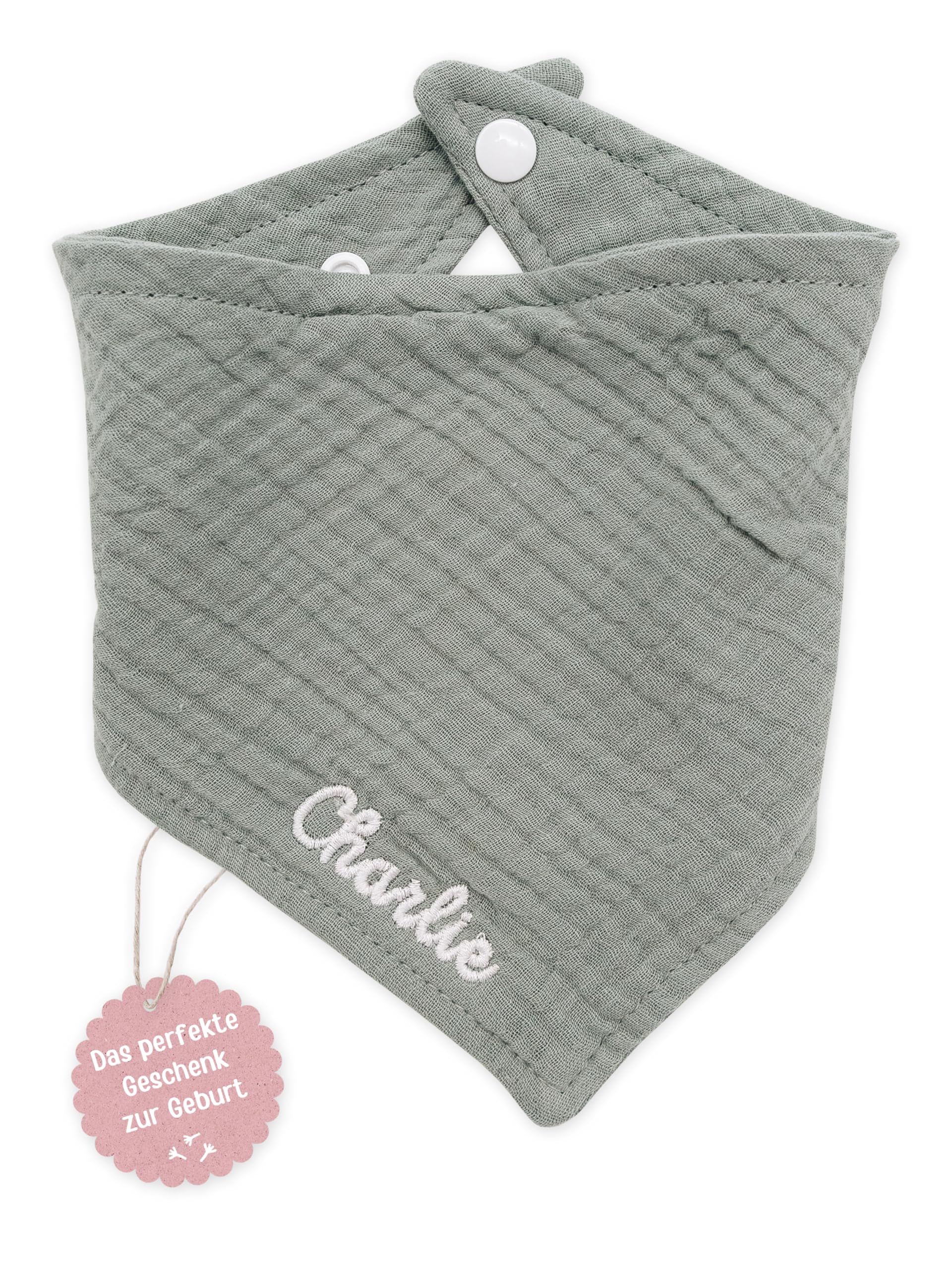 wunderwunsch Baby Halstuch, Babygeschenk, Geschenk zur Geburt, Dreieckstuch Kinder, Taufgeschenk personalisiert mit deinem Wunschnamen in 8 süßen Designs (Mintgrün)